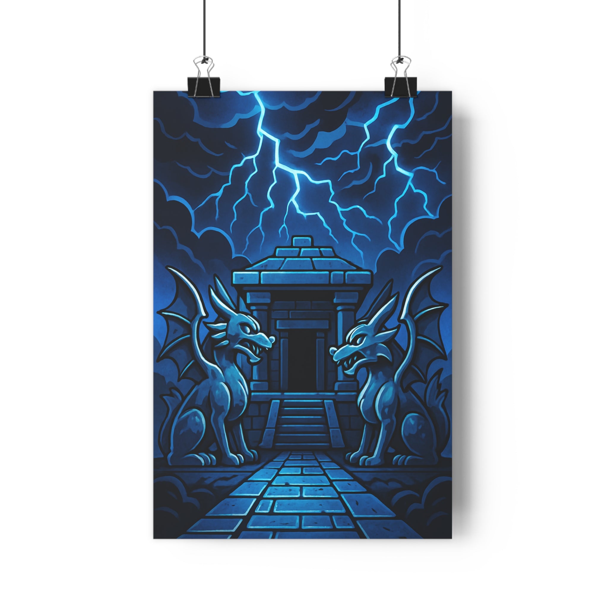 Poster décoratif temple mystique bleu fantastique foudre nuages dragons salon bureau 30x46 cm qualité