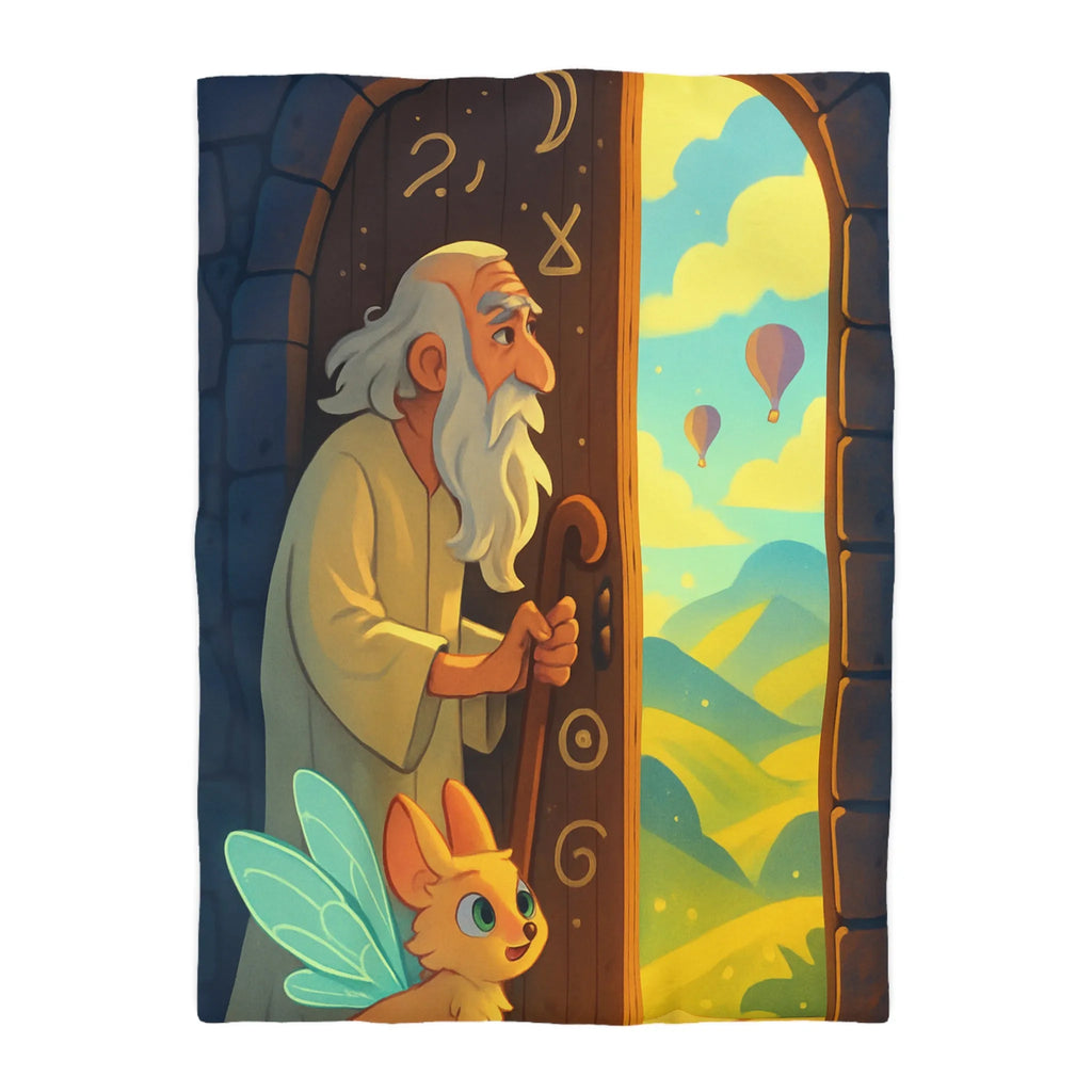 Housse de Couette Fantastique avec Ancien Sage et Paysage Magique Étoilé Soufflant