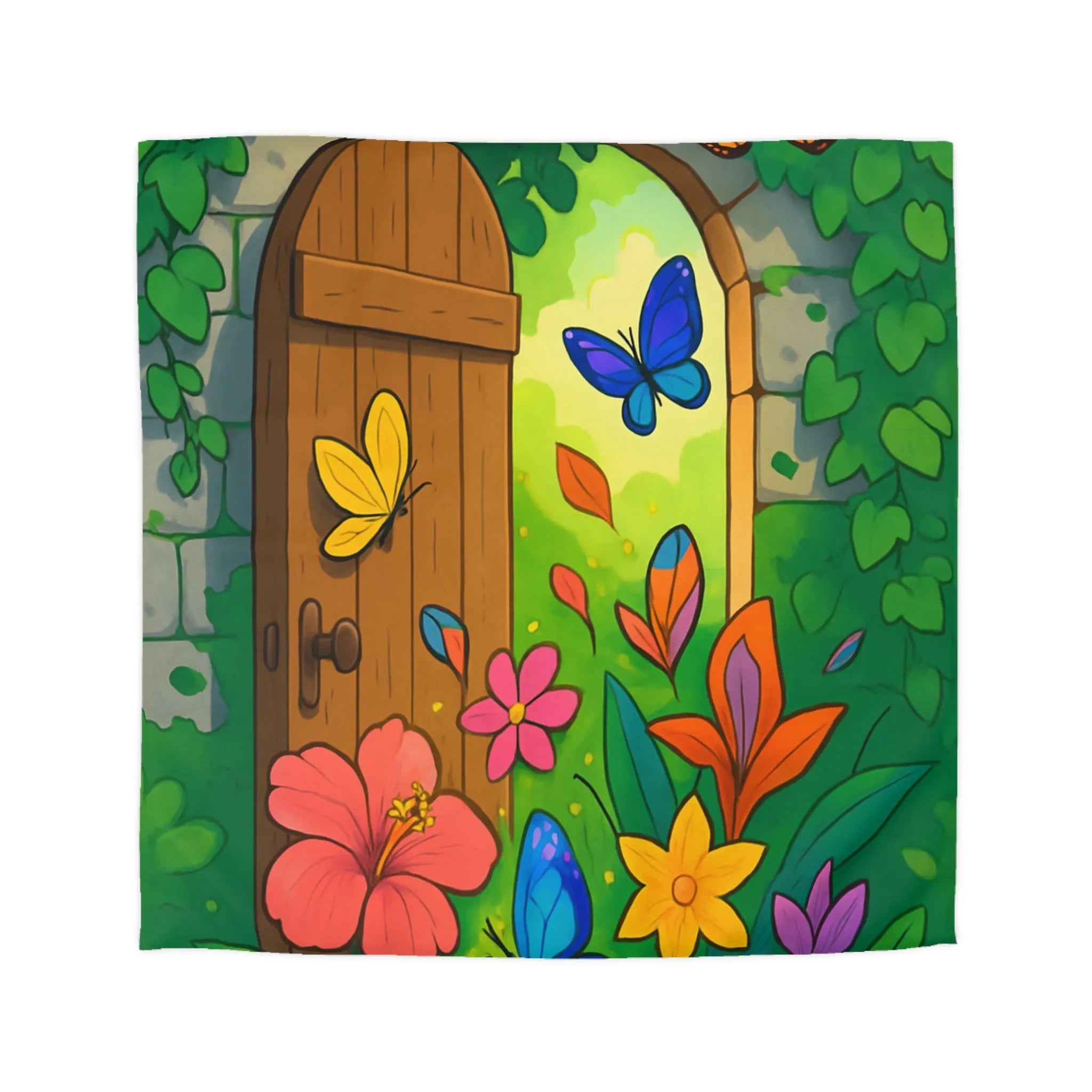 Housse de couette avec papillons colorés et fleurs devant porte de jardin enchanté