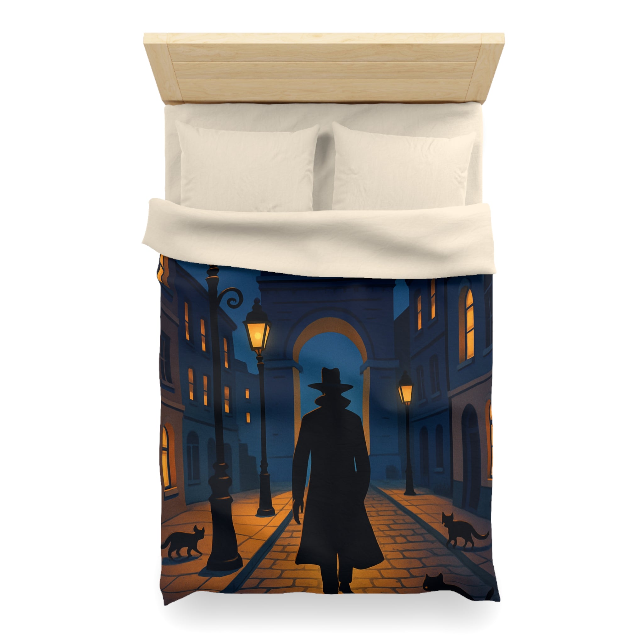 Housse de couette noire mystérieuse, silhouette d'homme avec chats et lampadaires nocturnes