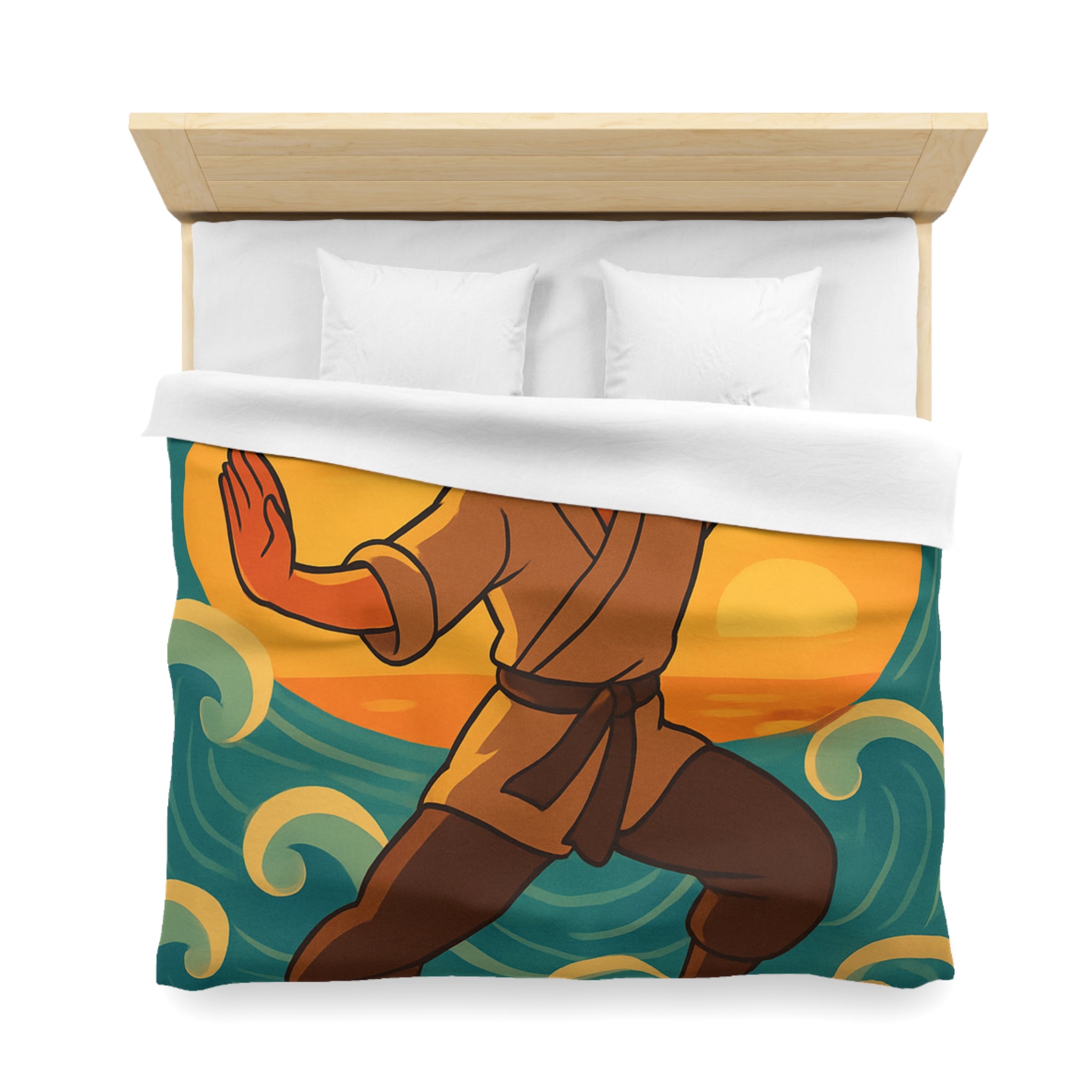 Housse de Couette Style Japonais Art Martial Coucher de Soleil et Océan Bleu