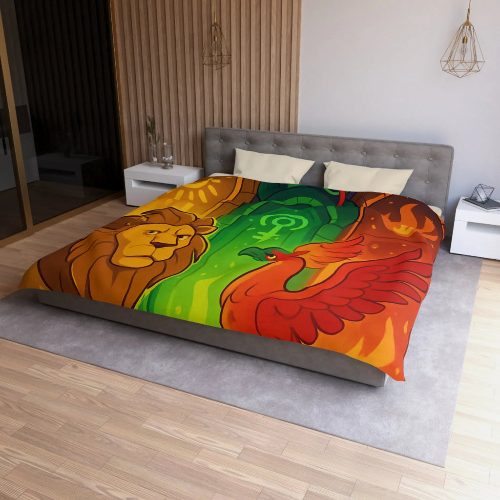 Housse de couette avec motifs lion, serpent et phénix sur fond médiéval magique