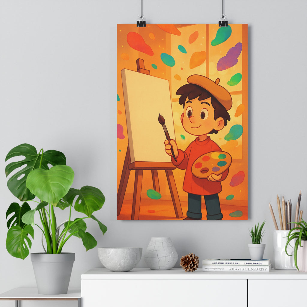 Poster décoratif créatif couleurs vives joyeux atelier enfant ambiance artistique moderne dynamique peinture éclat