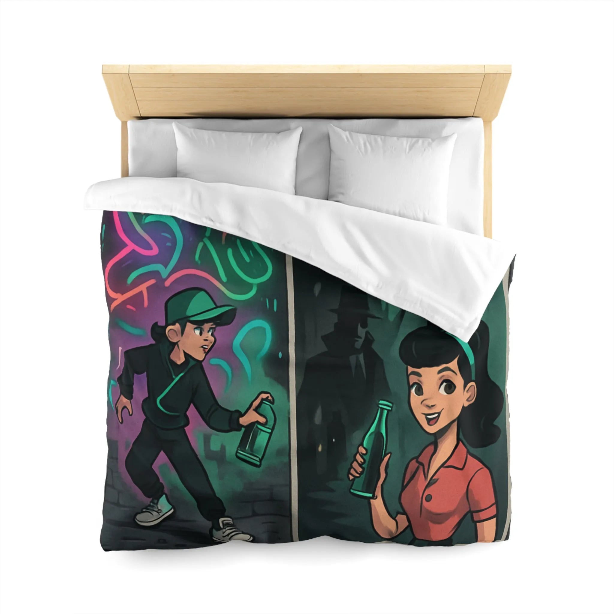 Housse de couette illustrée avec scène de rue colorée et personnages mystérieux