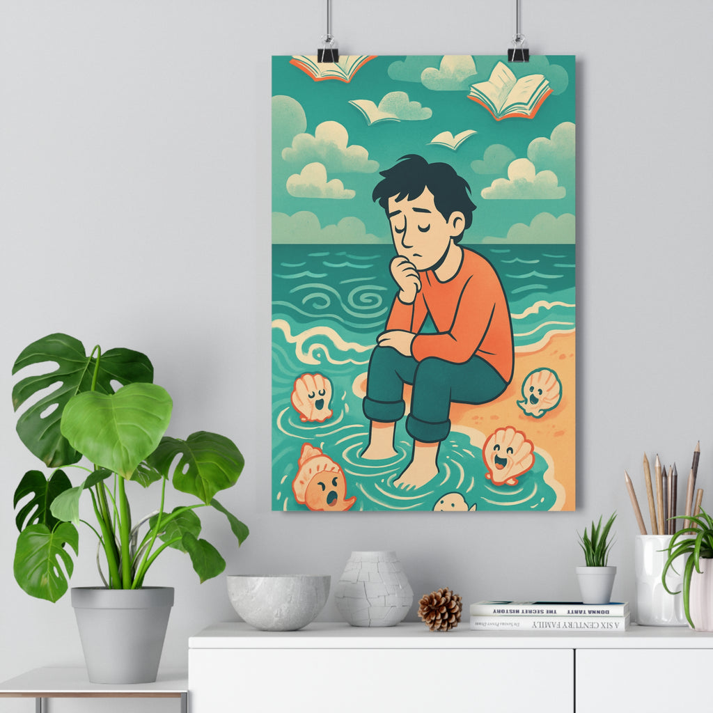 Poster décoratif cartoon marin bleu orange rêveur chambre salon réflexion fantaisie apaisant unique qualité