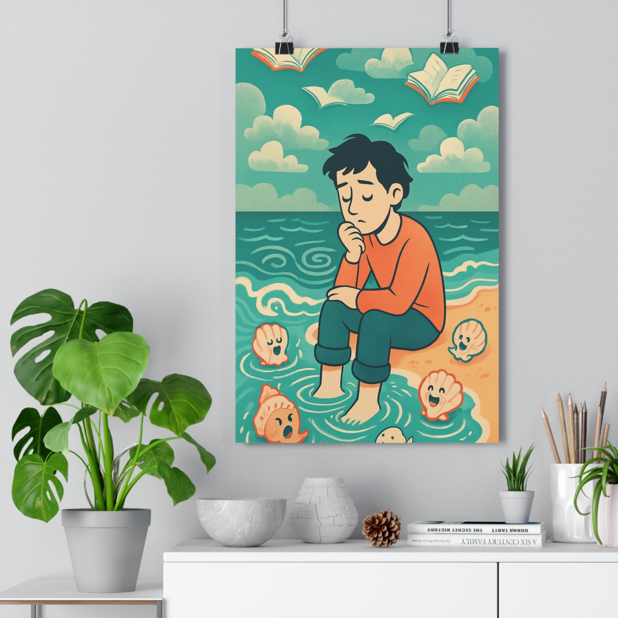 Poster décoratif cartoon marin bleu orange rêveur chambre salon réflexion fantaisie apaisant unique qualité