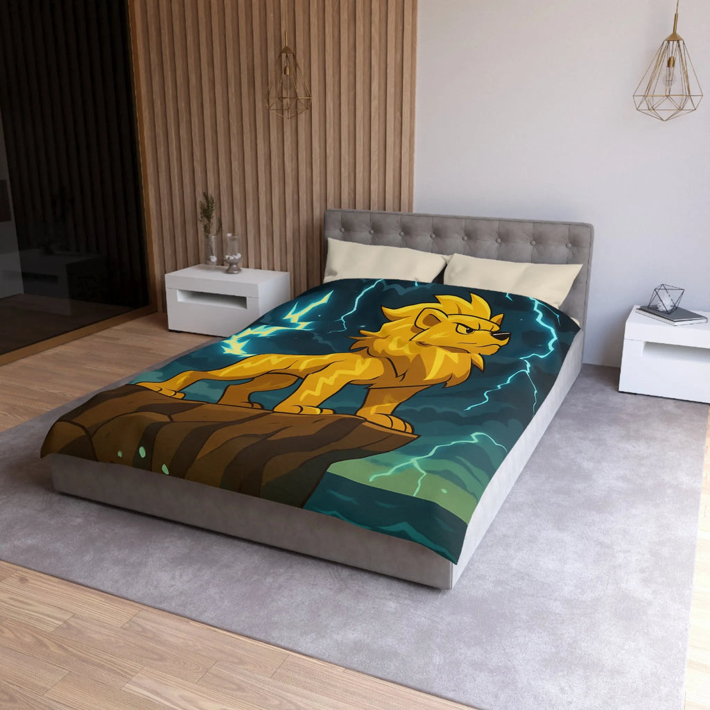 Housse de couette lion éclair lumineux, style animé, ambiance puissante, couleurs vibrantes