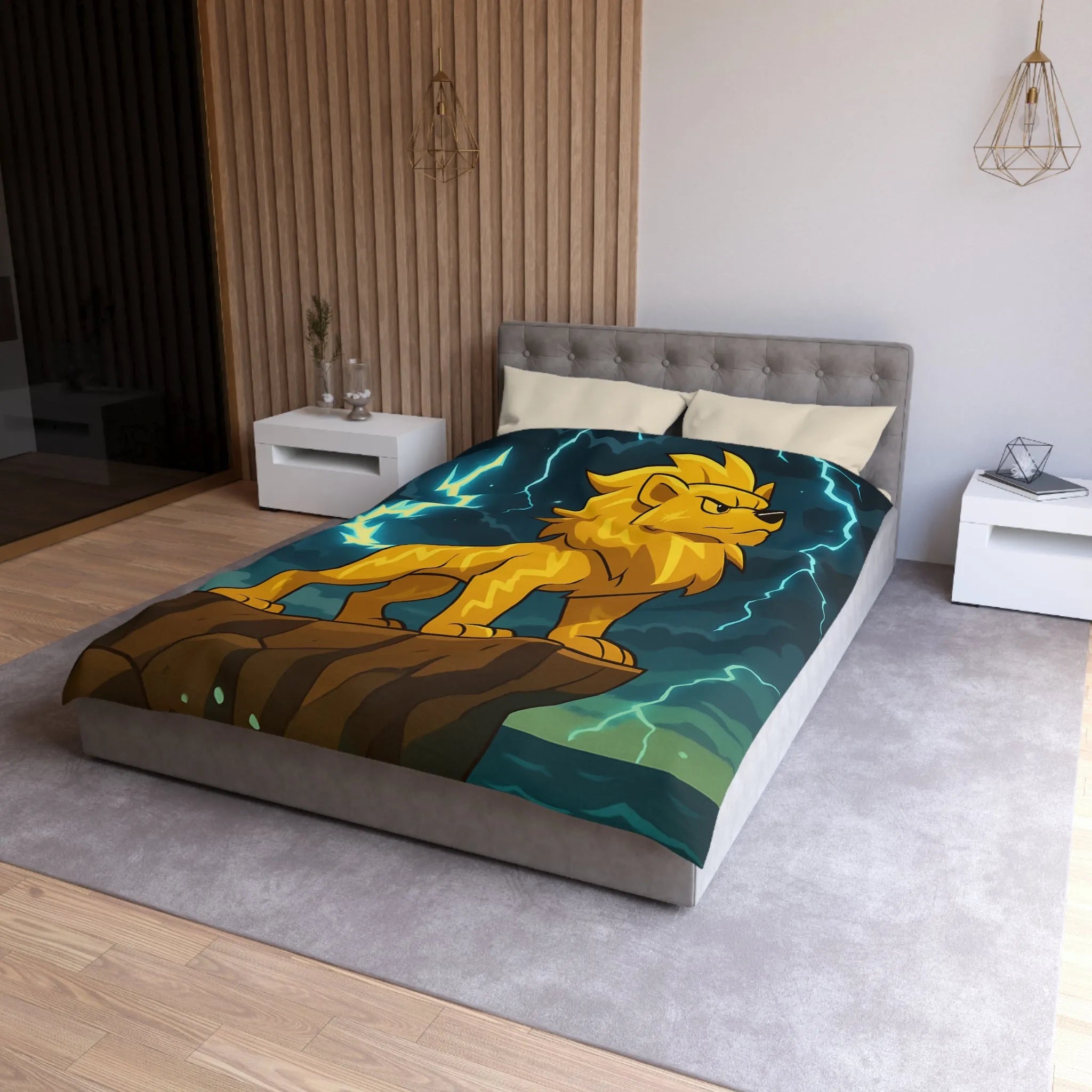 Housse de couette lion éclair lumineux, style animé, ambiance puissante, couleurs vibrantes