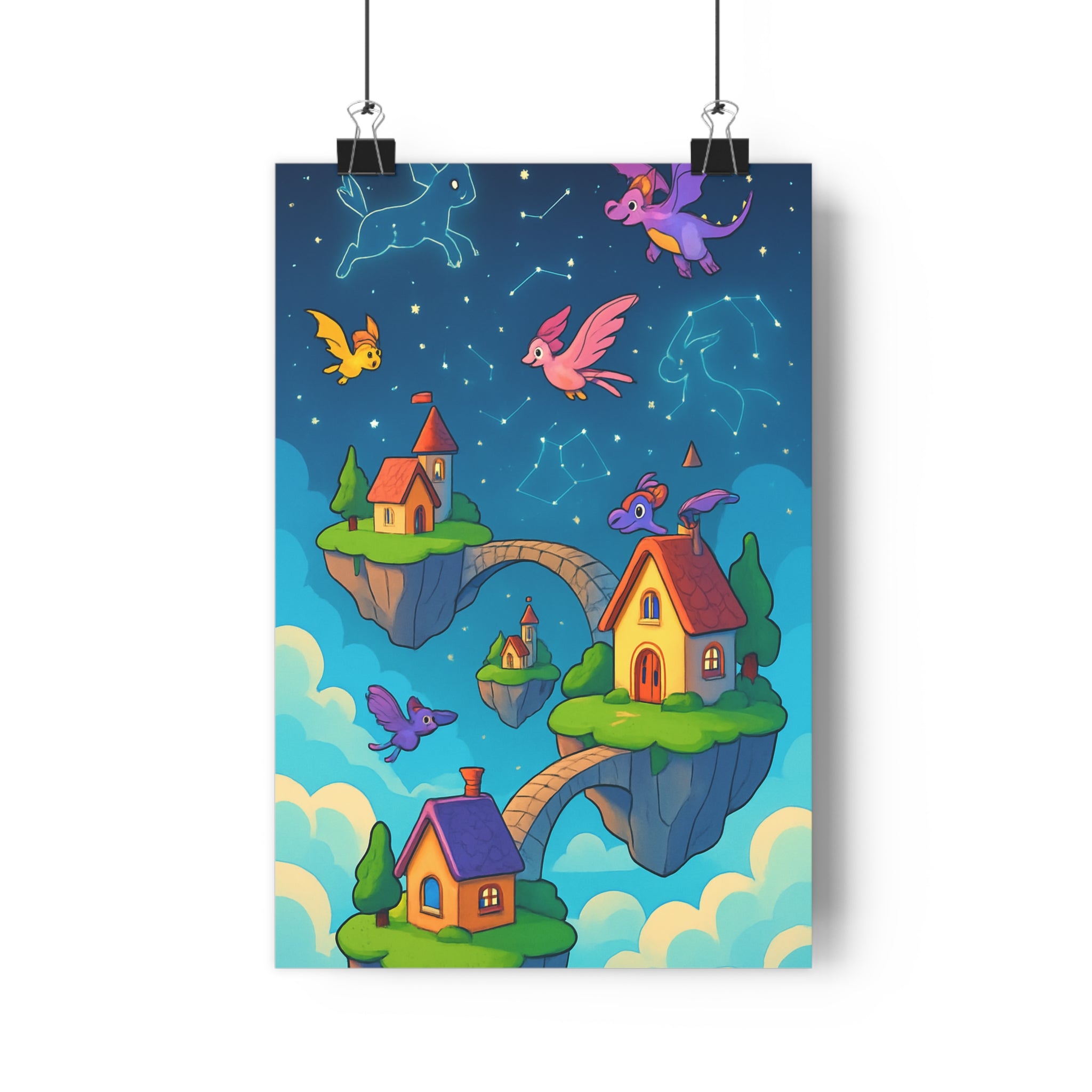 Poster décoratif cartoon féerique violet étoiles salon chambre enfant fantastique magique ambiance rêveuse unique