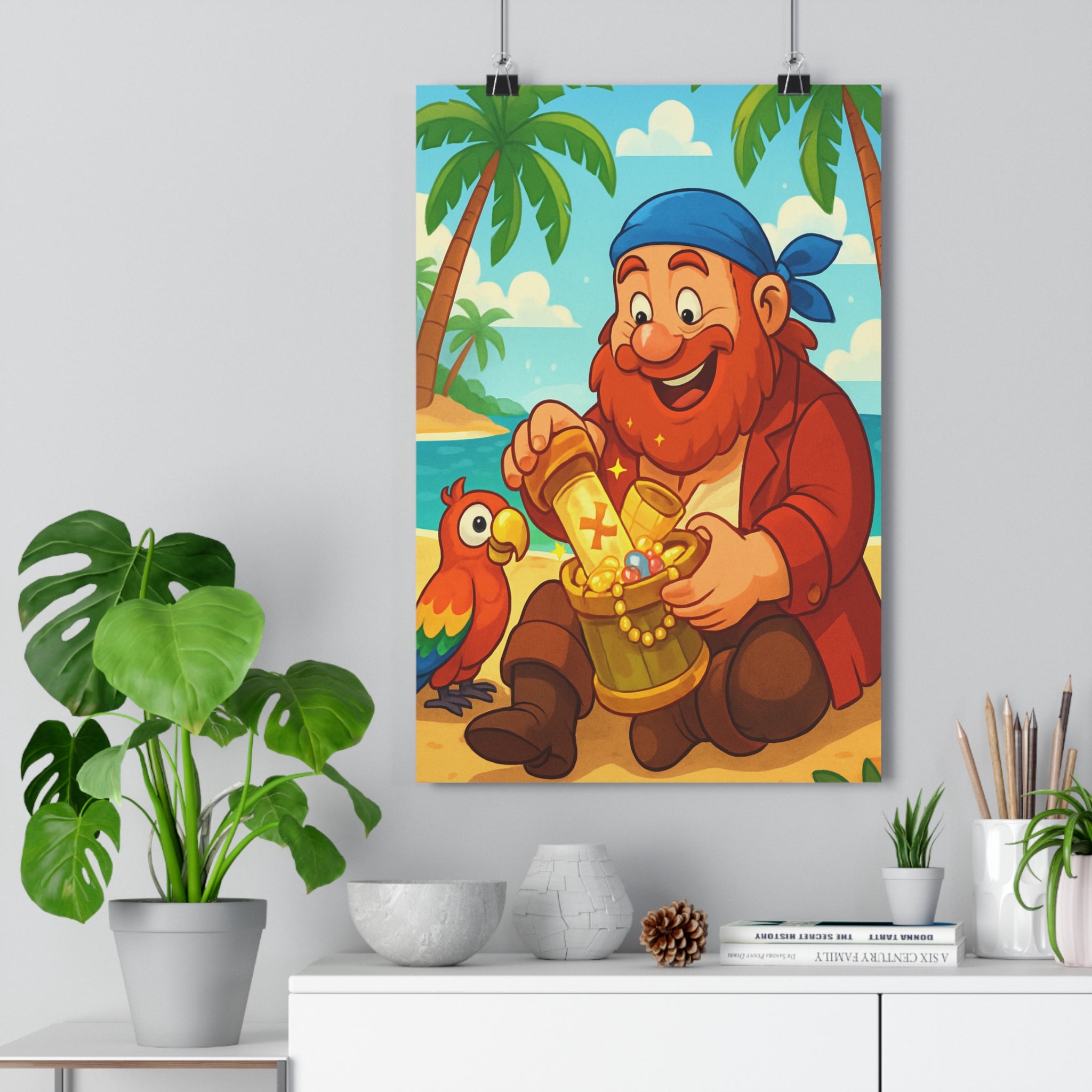 Poster décoratif pirate cartoon bleu pastel joyeux aventure chambre enfant moderne plage trésor perroquet