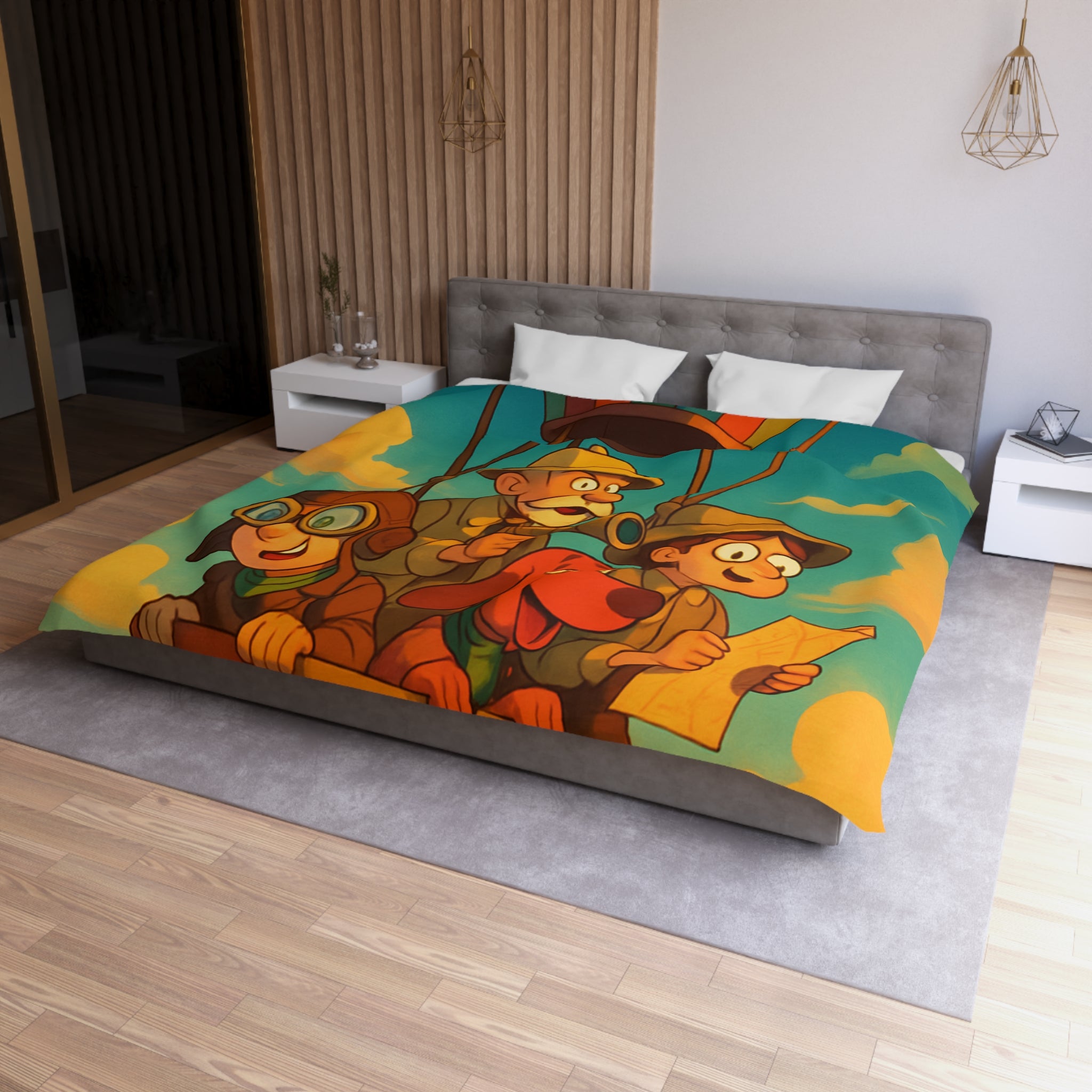 Housse de Couette Montgolfière Aventure Enfants et Chien Colorée pour Chambres Ludiques