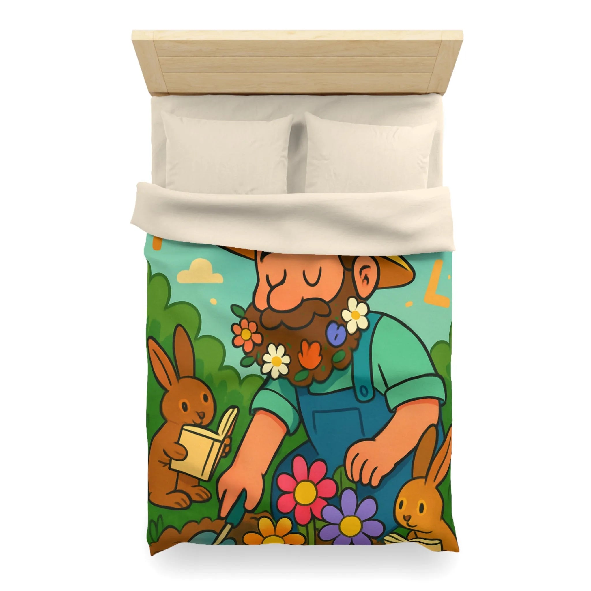 Housse de couette jardin enchanté avec fleurs, lapins et oiseaux colorés pour enfants