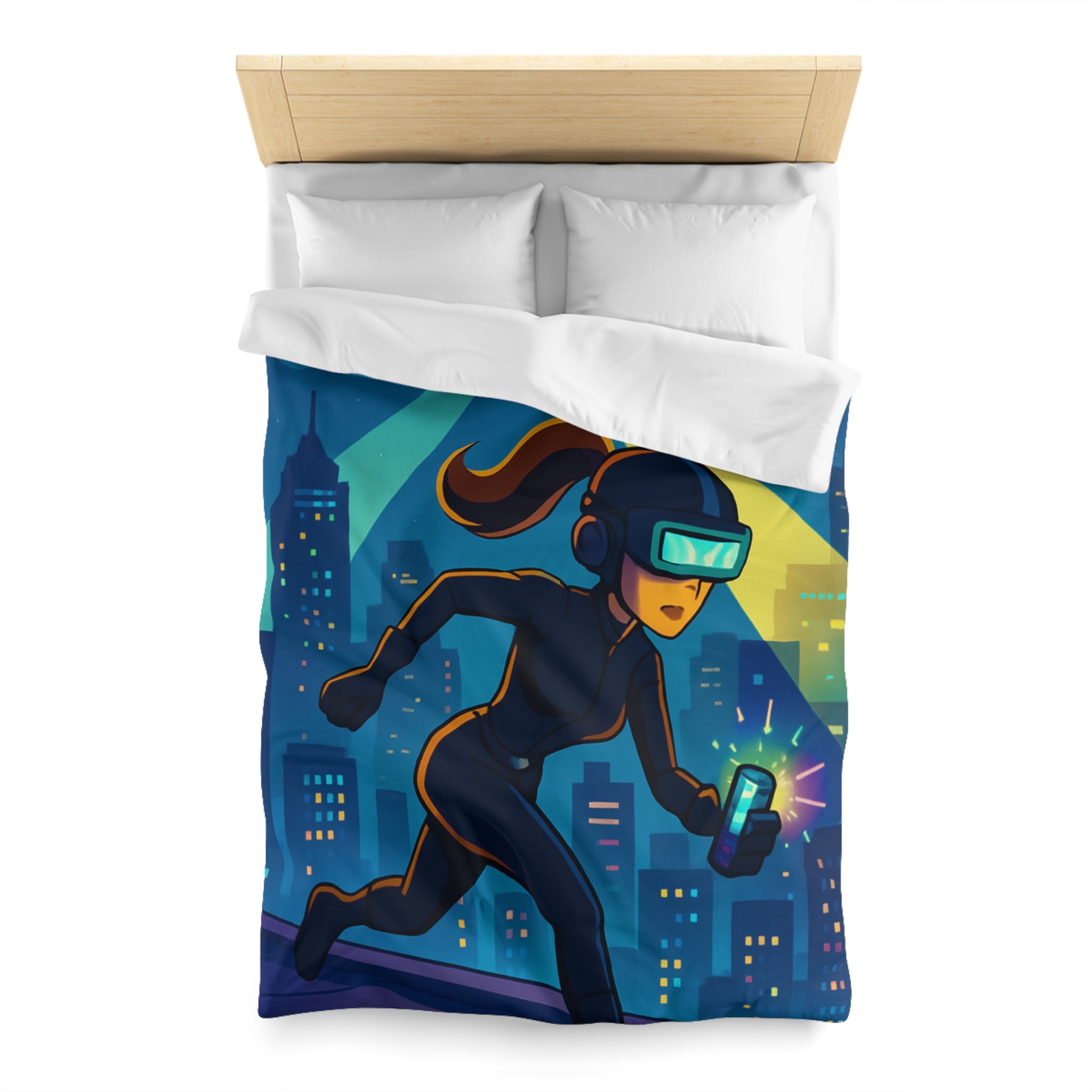 Housse de couette moderne avec motif de ville et personnage futuriste en action