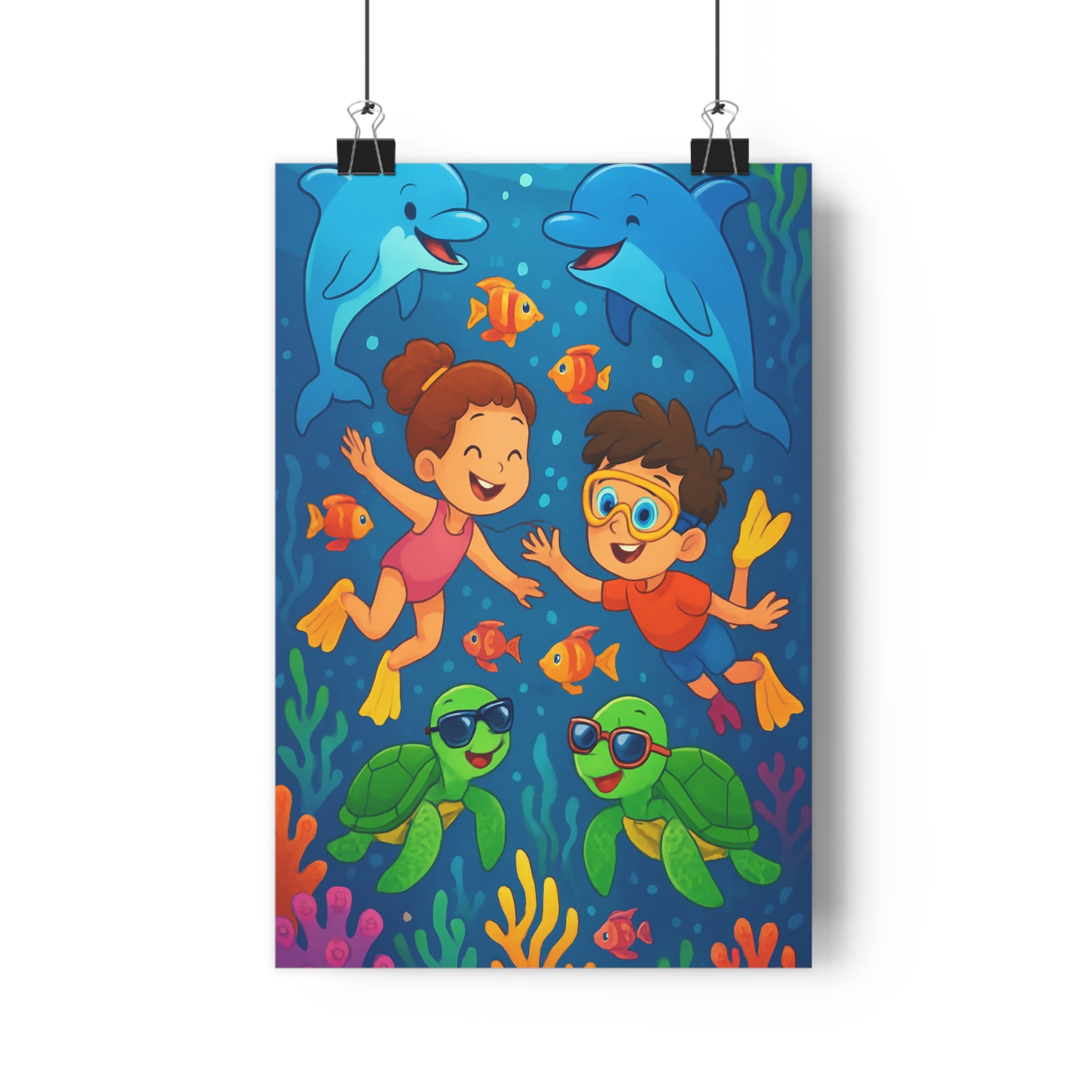 Poster décoratif cartoon enfant bleu vert joyeux chambre aventure féerique dauphins tortues poissons 30x46