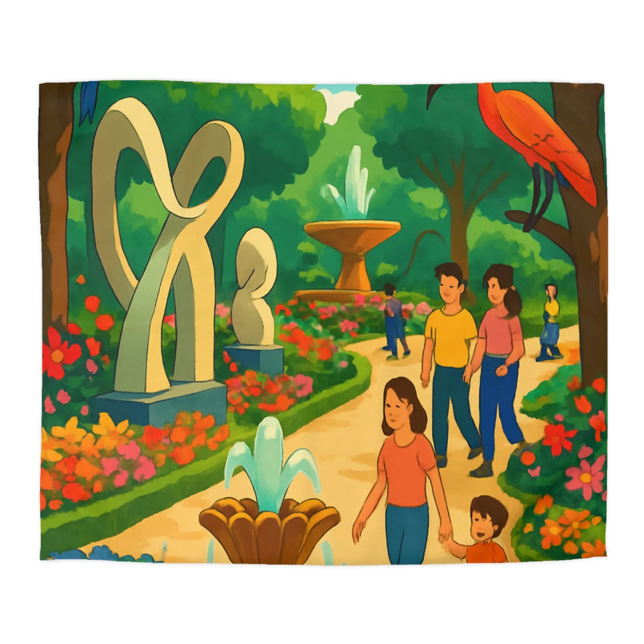 Housse de Couette Colorée Illustrant un Jardin avec Oiseaux et Familles en Promenade