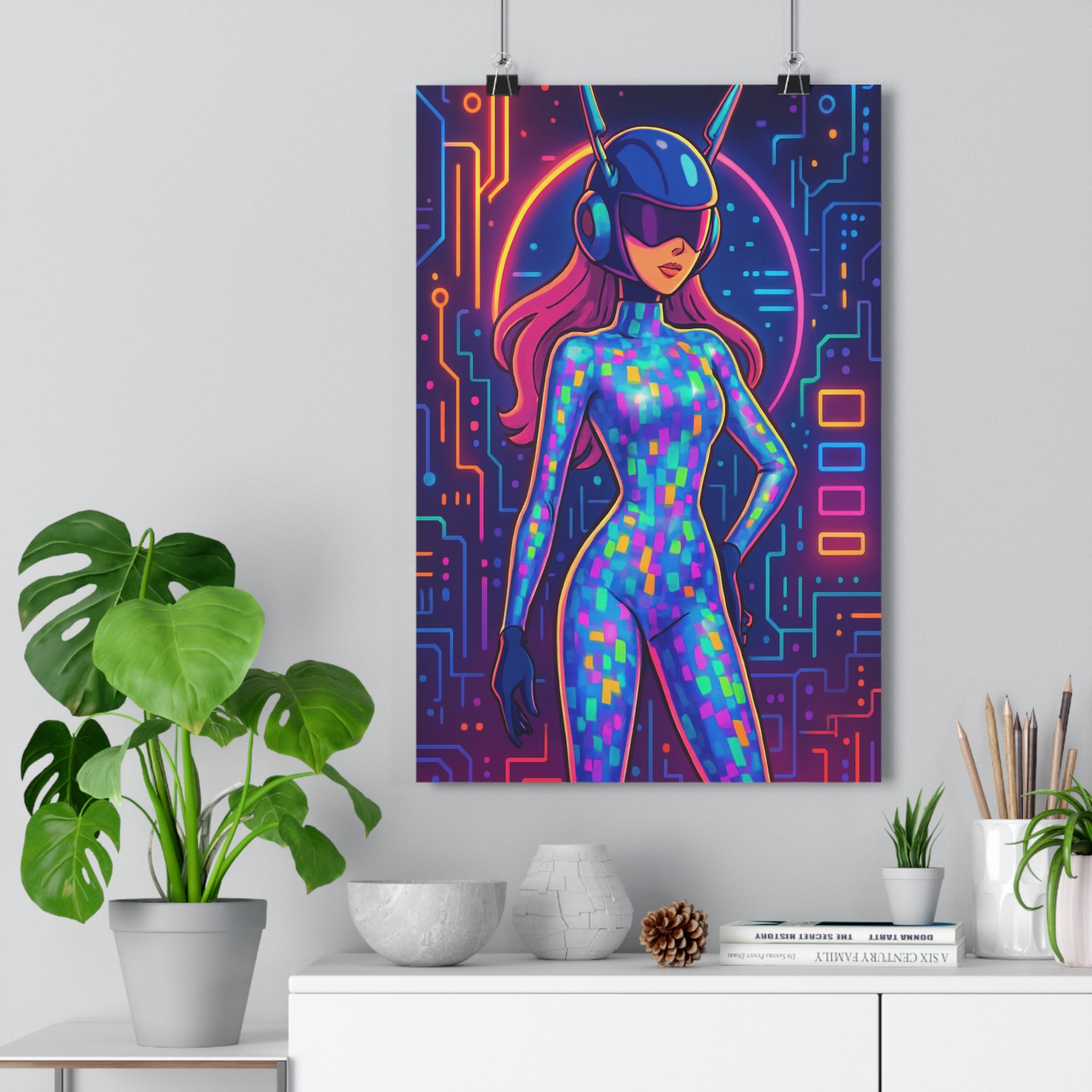 Poster décoratif futuriste cybernétique néon femme bleu rose jaune chambre moderne dynamique éléctronique 30x46