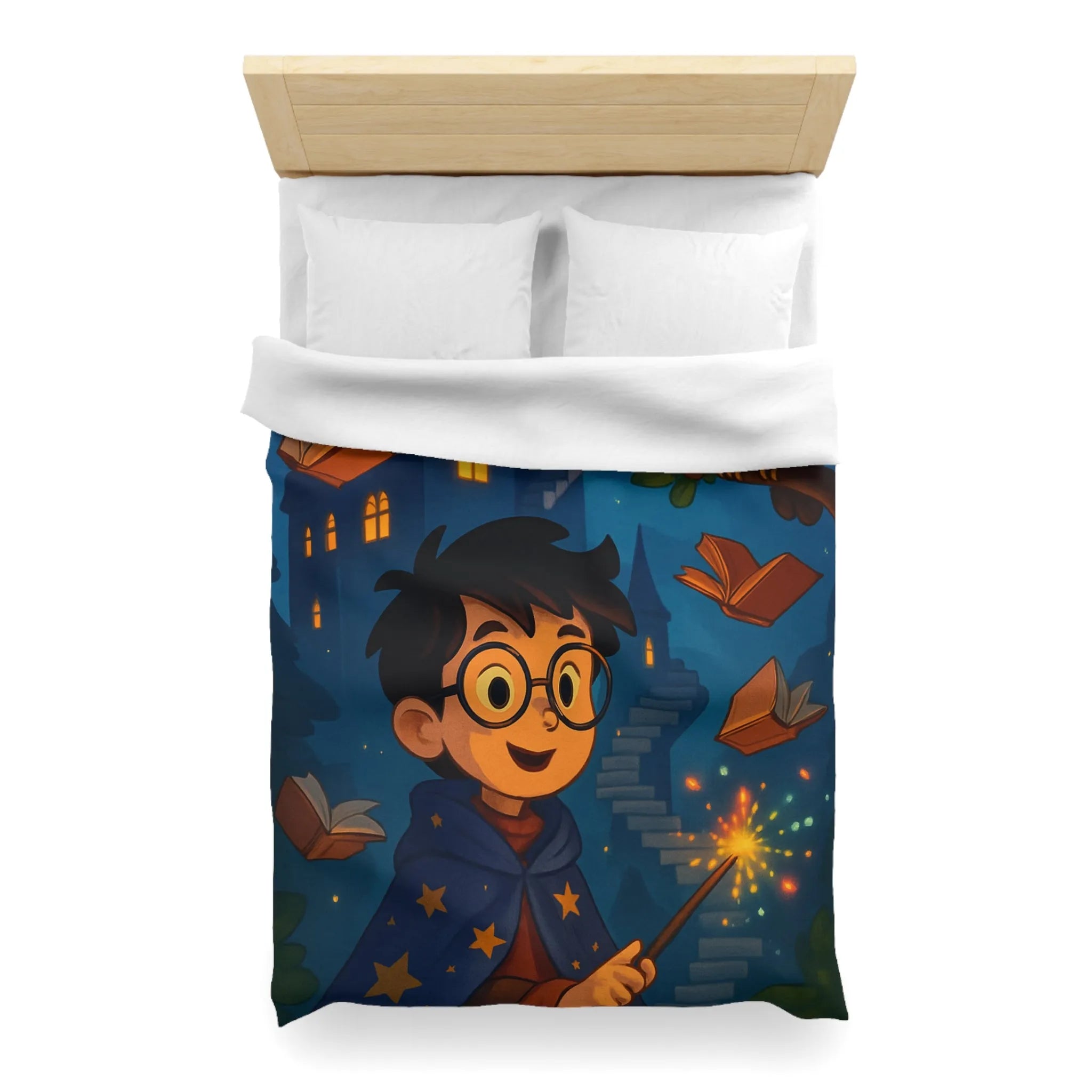 Housse de couette magique avec sorcier, hibou, château et livres enchantés étoiles