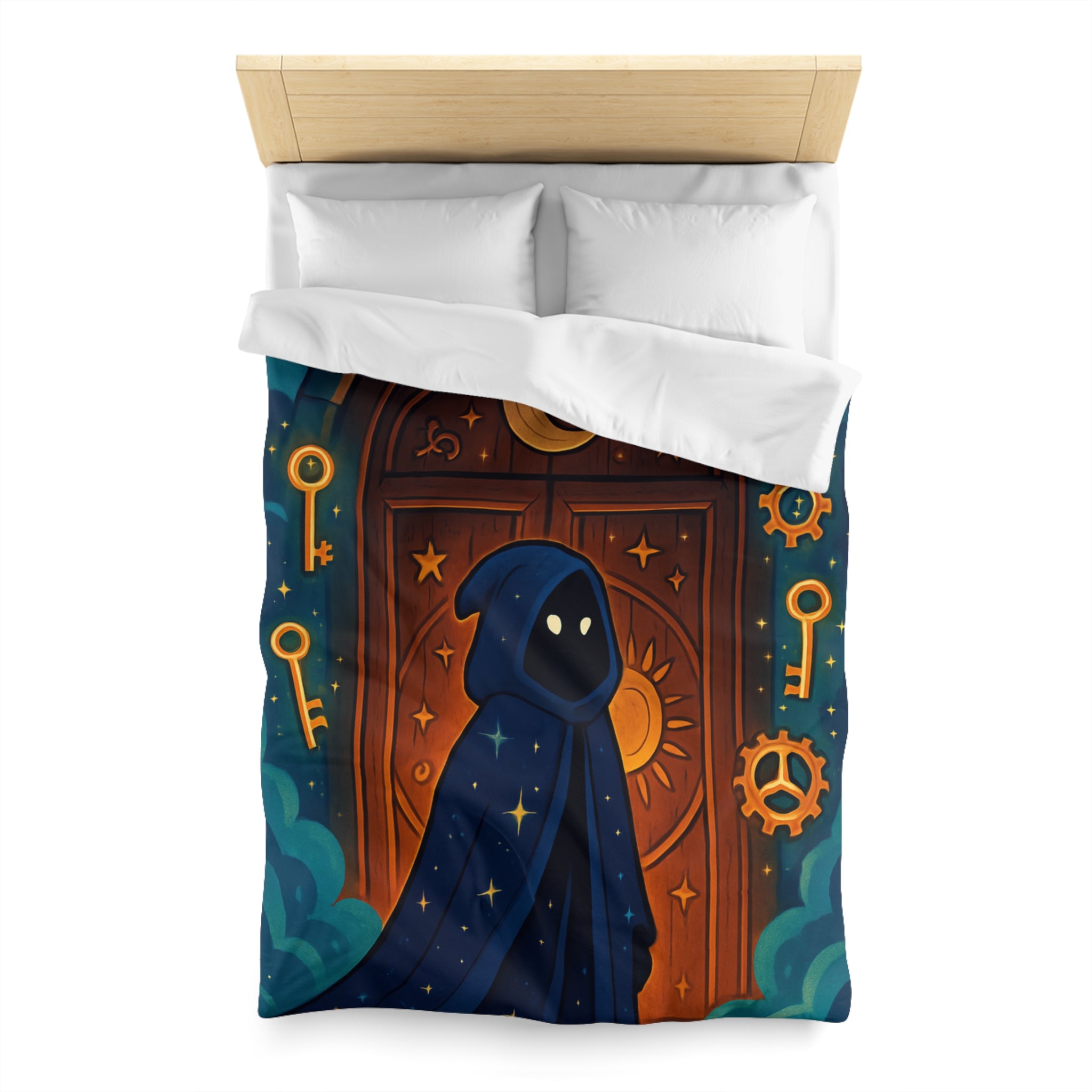 Housse de couette mystique avec capuche étoilée, porte magique et clés dorées