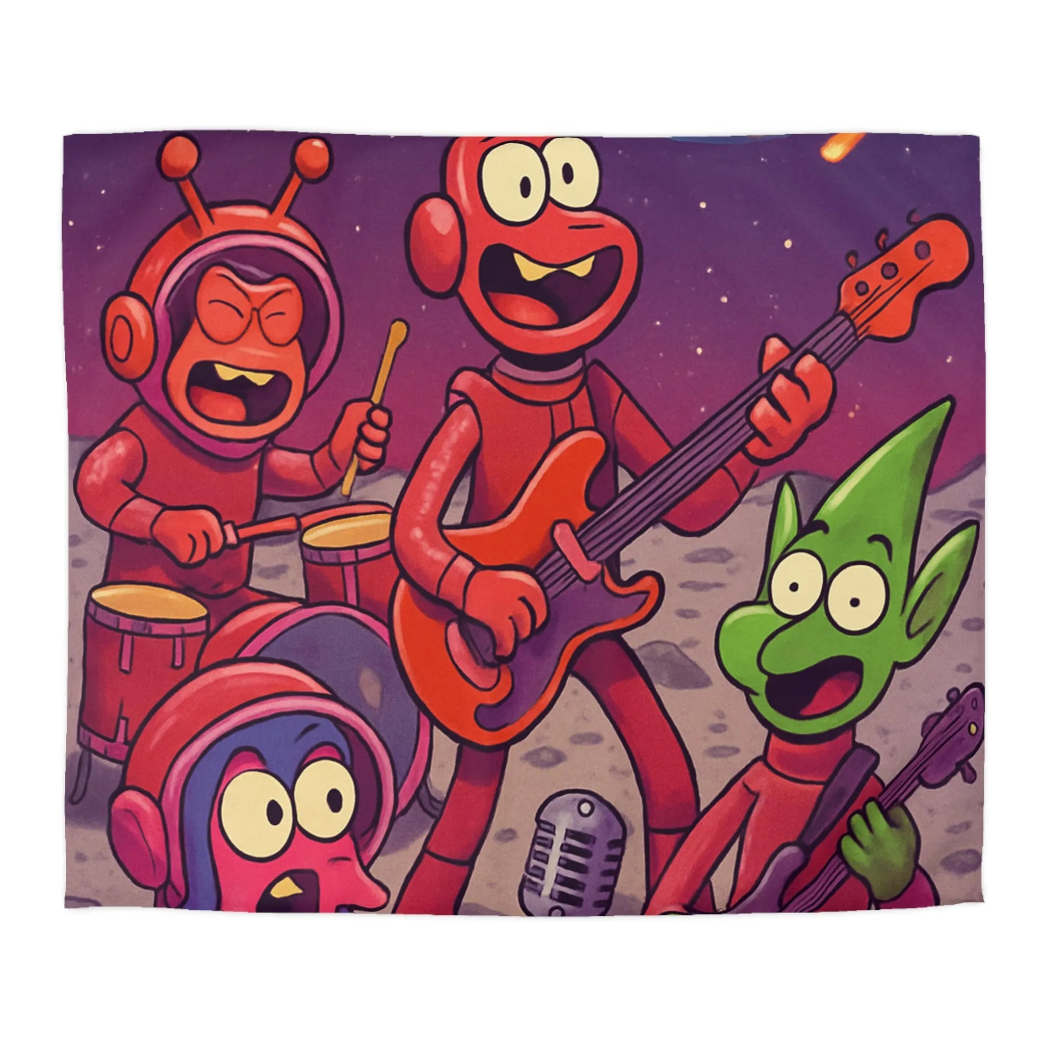 Housse de Couette Éclectique avec Aliens Musiciens sous Ciel Étoilé pour Chambre Unique