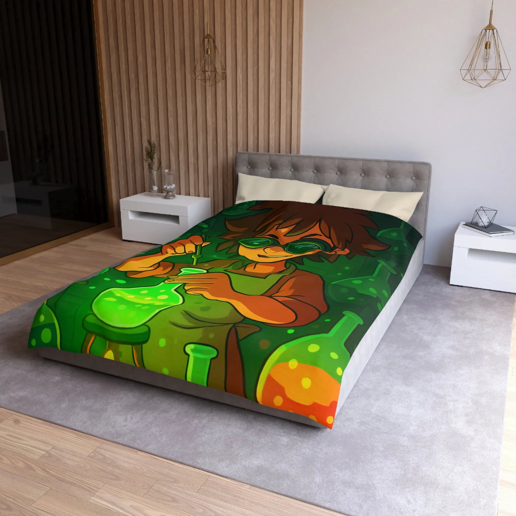 Housse de couette colorée avec un jeune chimiste dans un laboratoire mystérieux et magique