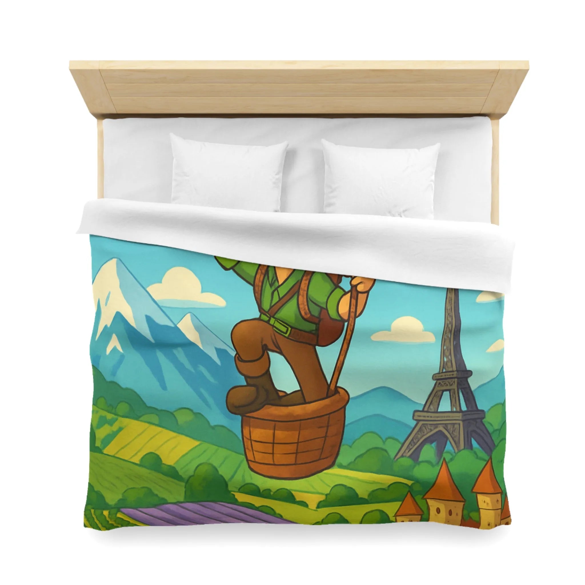 Charmant voyageur en montgolfière surplombant paysages français, champs et monuments emblématiques