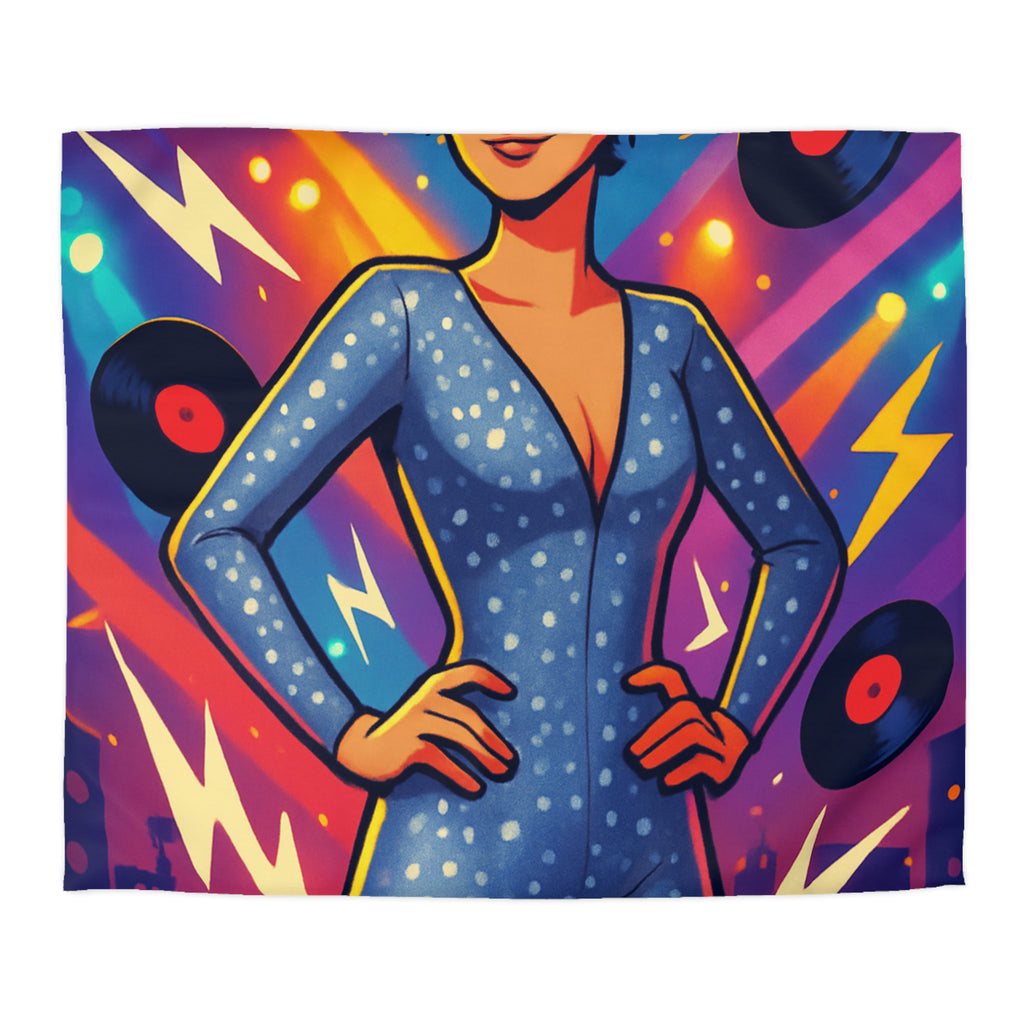 Housse de Couette Thématique Musique Vintage avec Femme dans Combinaison Étoilée Scintillante