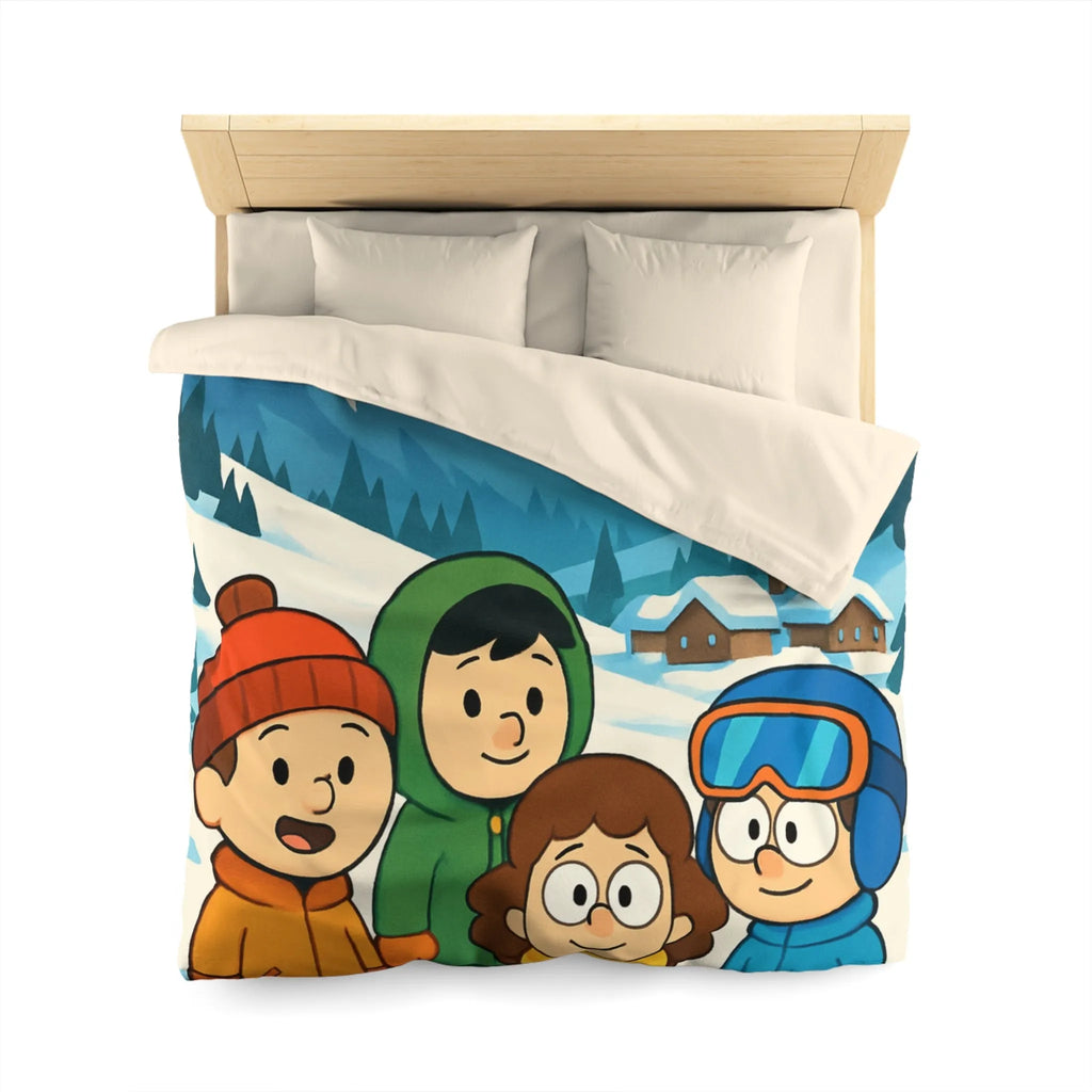 Housse de couette avec enfants joyeux et montagnes enneigées pour chambre d'enfant