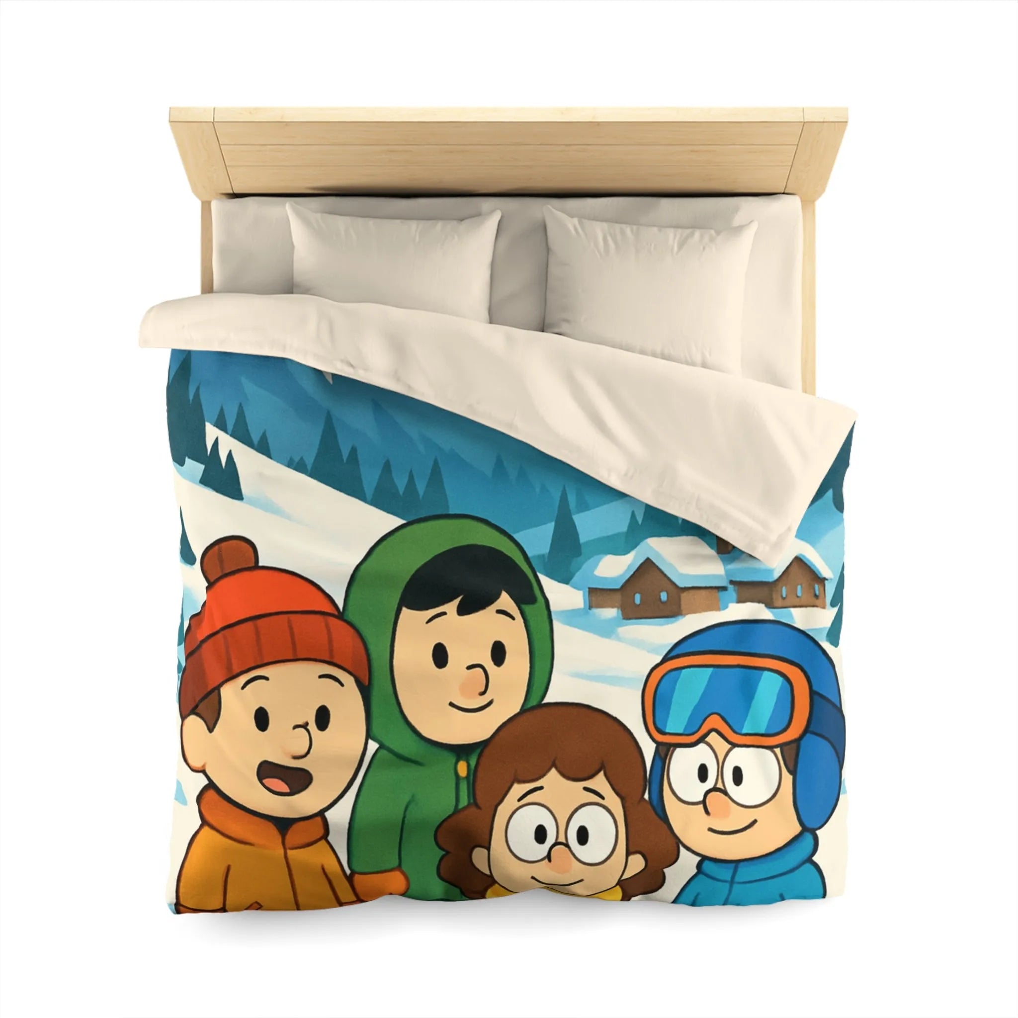 Housse de couette avec enfants joyeux et montagnes enneigées pour chambre d'enfant