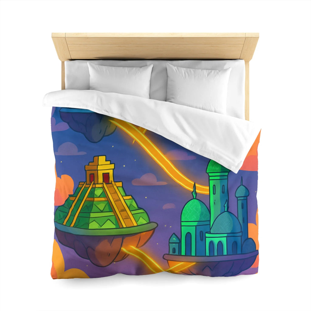 Housse de couette colorée avec design fantastique de villes flottantes lumineuses et oniriques