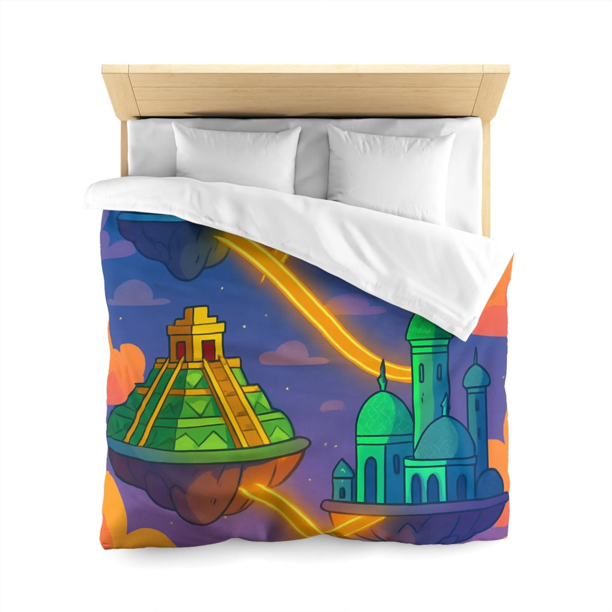 Housse de couette colorée avec design fantastique de villes flottantes lumineuses et oniriques