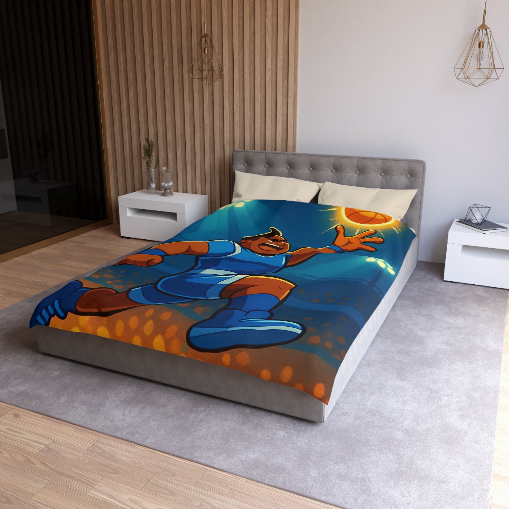 Housse de couette sportive illustrée avec joueur de basketball dynamique et ballon lumineux