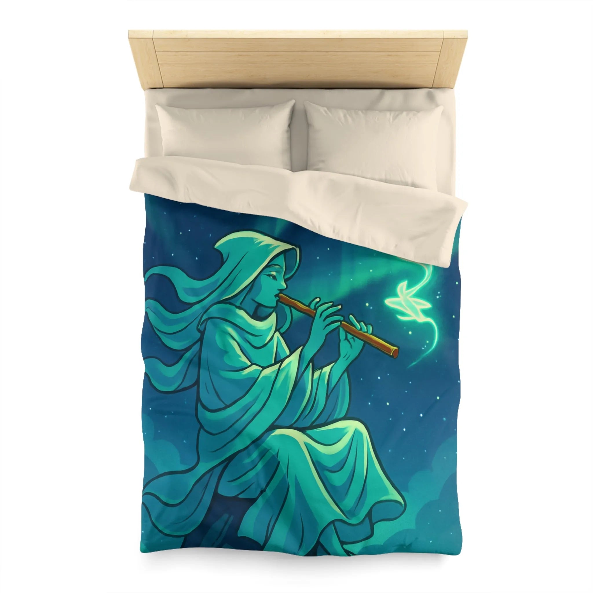 Housse de couette magique avec joueur de flûte créant des formes lumineuses célestes