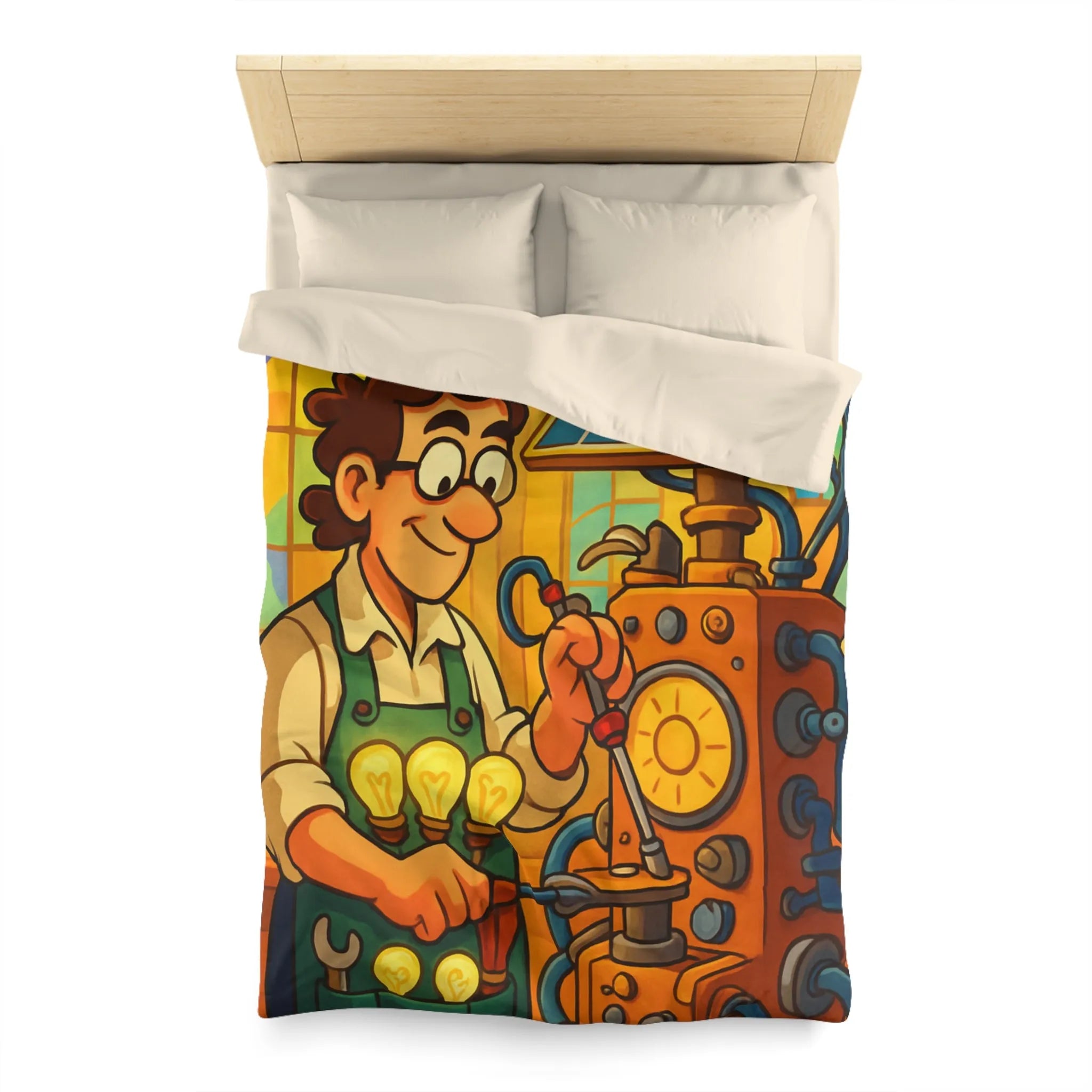 Housse de Couette Illustre Inventeur avec Machine Énergétique et Vitrail Coloré Artistique