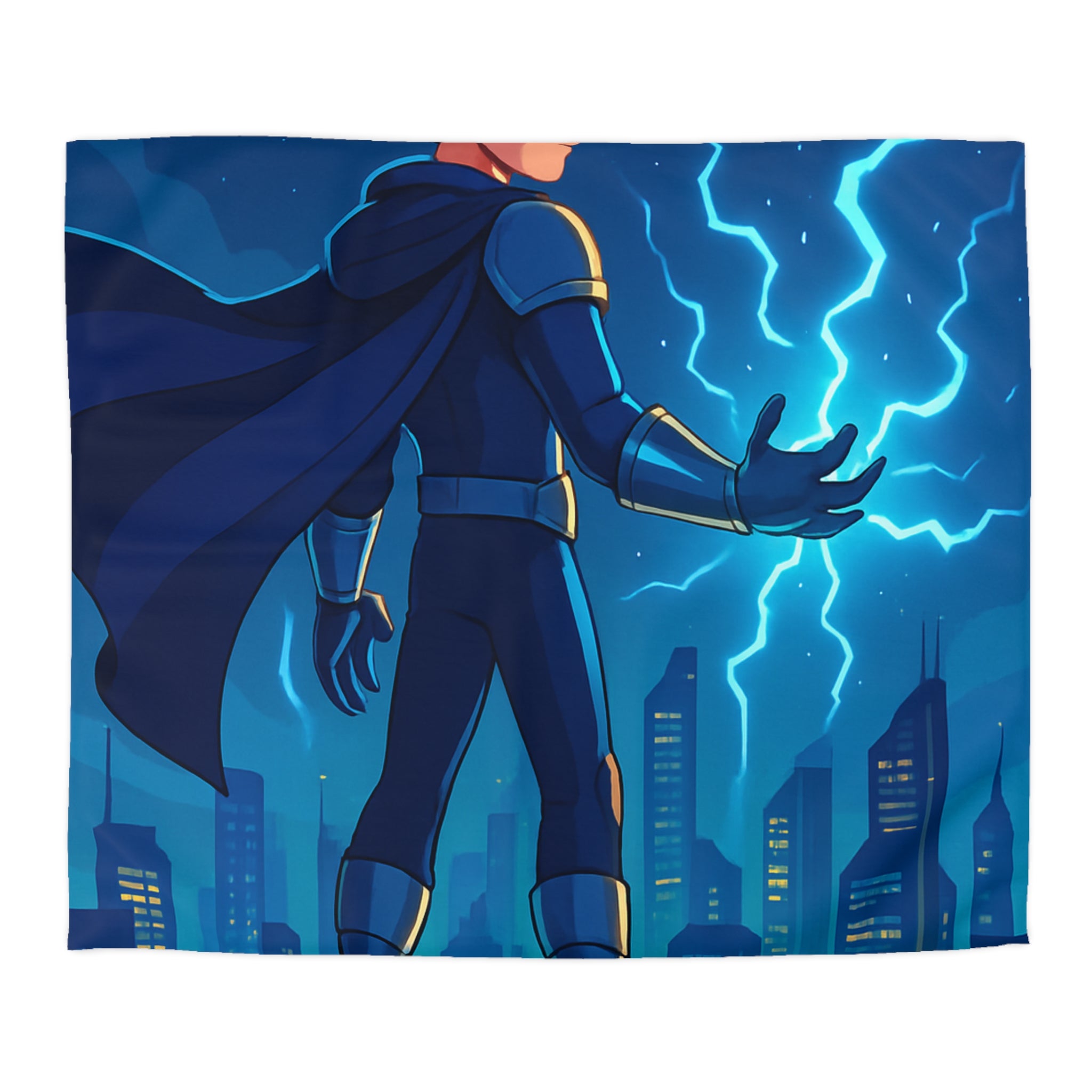 Housse de couette super-héros nocturne avec pouvoirs électriques et drones futuristes urbains