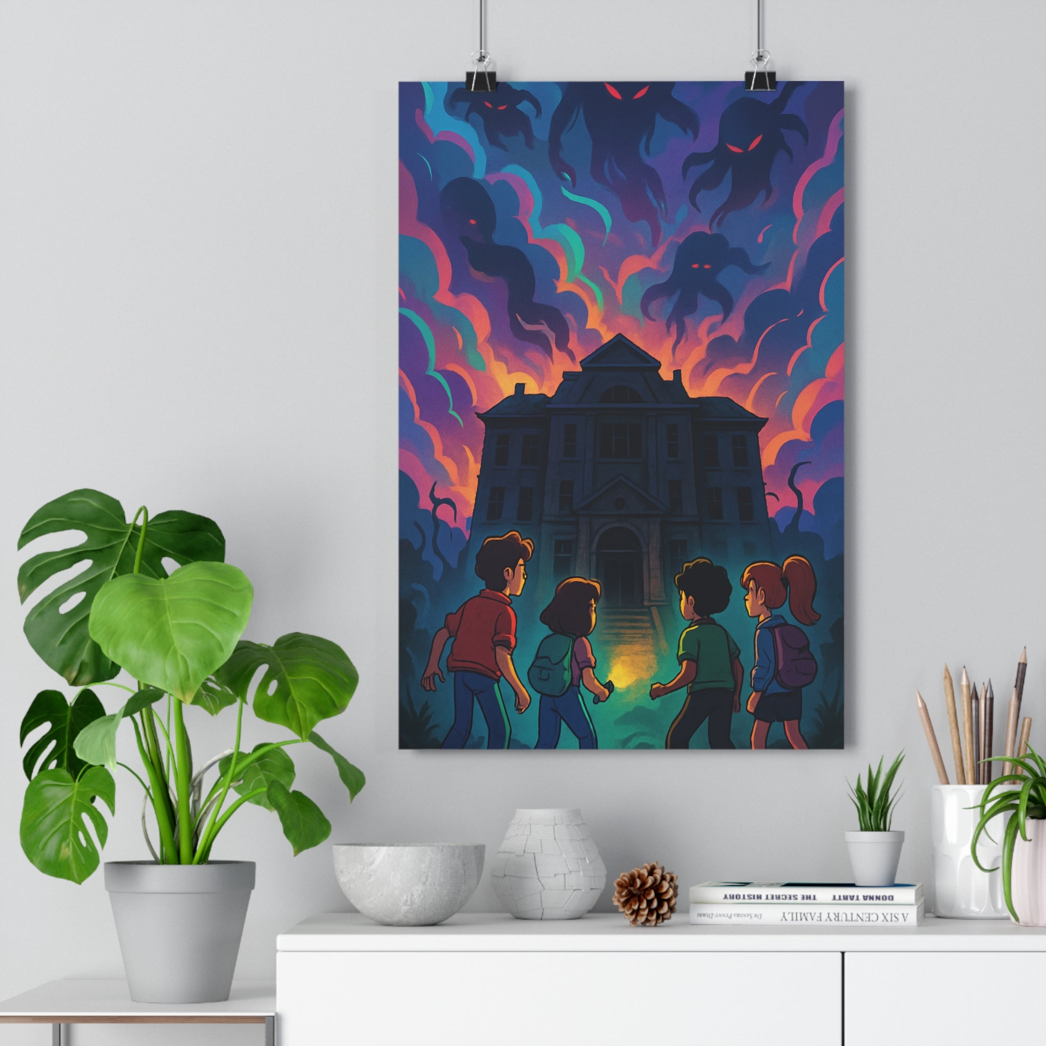 Poster décoratif animé sombre lumineux aventuriers aventure mystique maison mystérieuse chambre salon captivant qualité