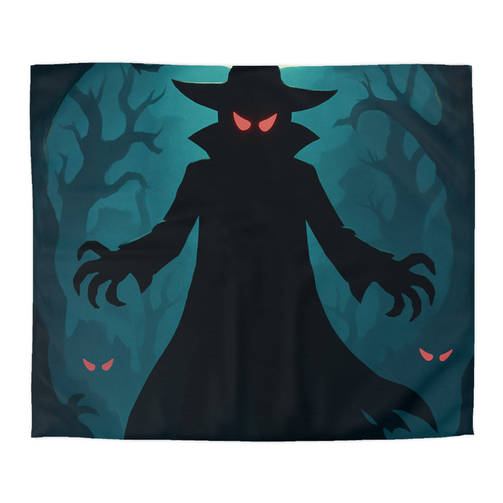 Housse de couette sorcier sombre dans forêt avec pleine lune et yeux rouges