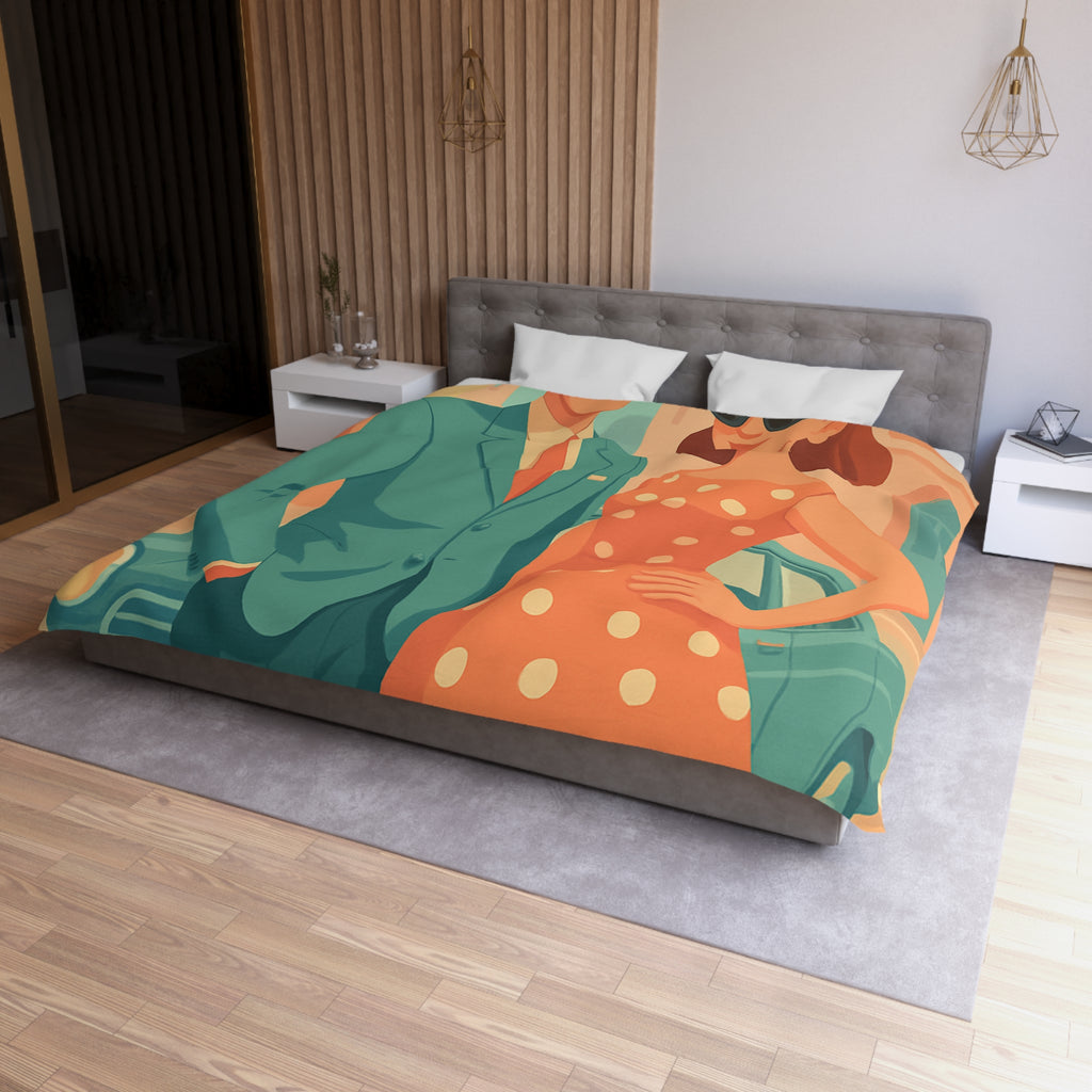 Housse de couette vintage rétro avec couple élégant en habits années 50 chic