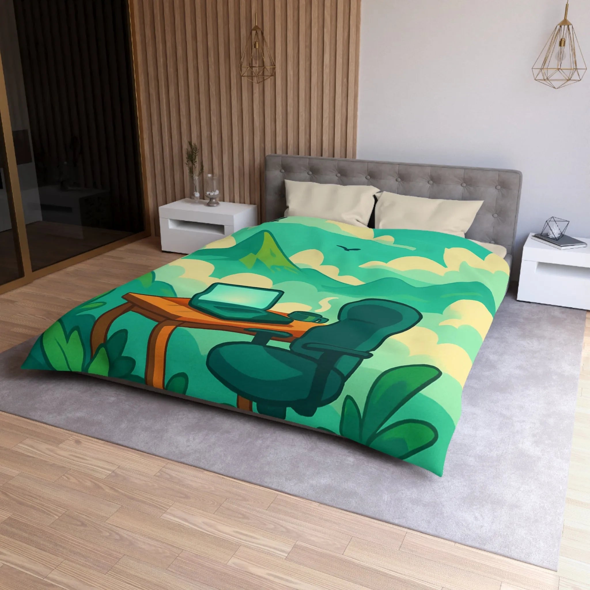 Housse de couette avec paysage de montagne, nature verdoyante, bureau et ciel serein