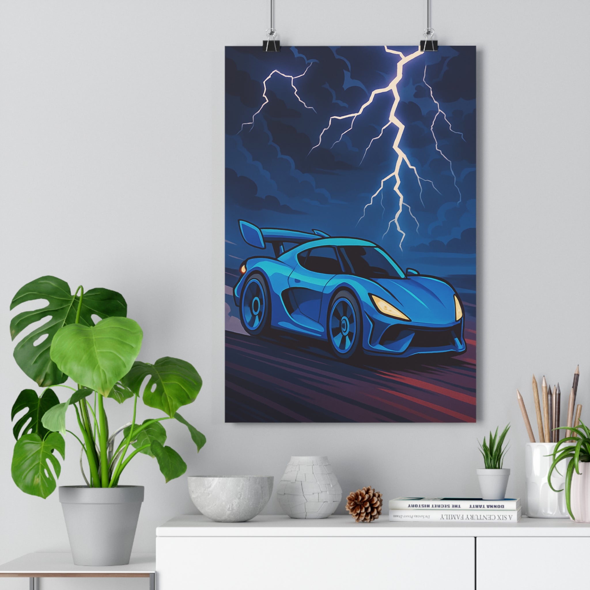 Poster décoratif moderne bleu jaune automobile sportive dynamique orage éclair chambre bureau tendance ambiance