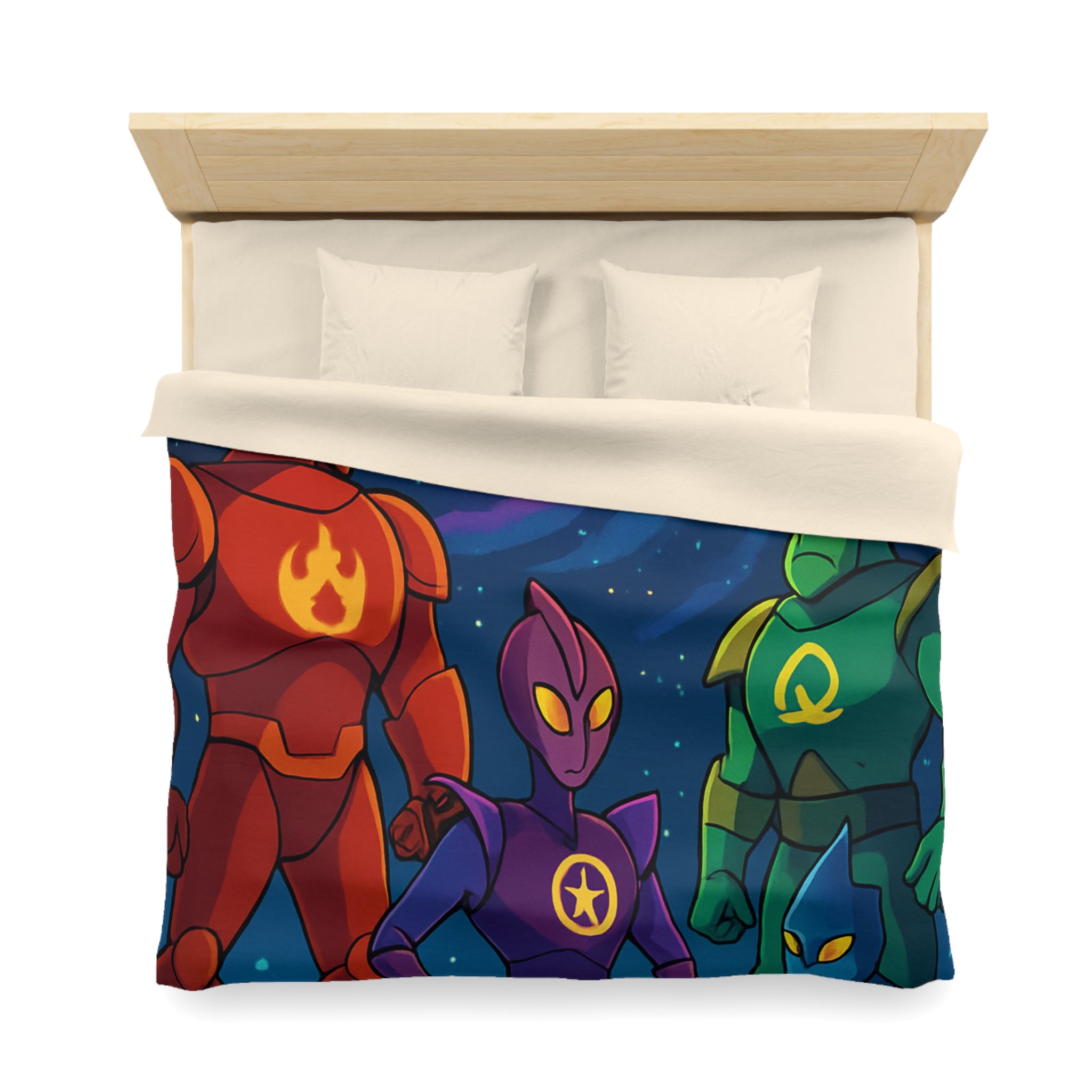 Quatre super-héros colorés avec une galaxie lumineuse, scène de science-fiction