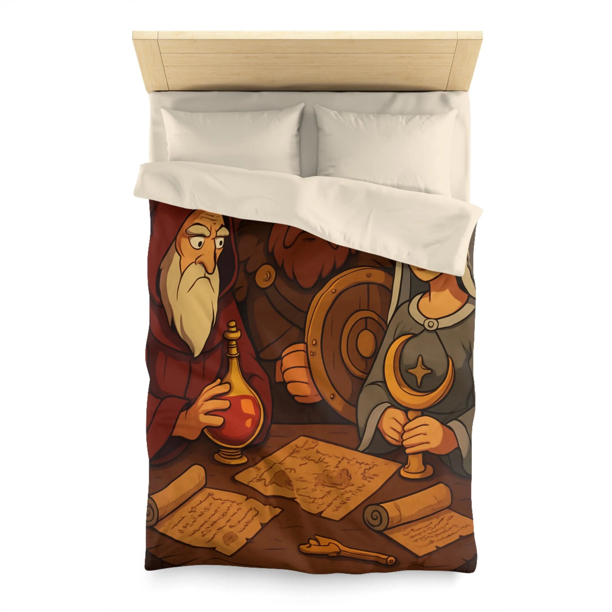 Housse de couette médiévale avec guerrier, mage et princesse tenant des artefacts anciens