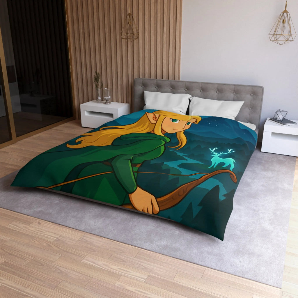 Housse de couette avec elfe archère, cerf lumineux, forêt montagneuse et ciel étoilé