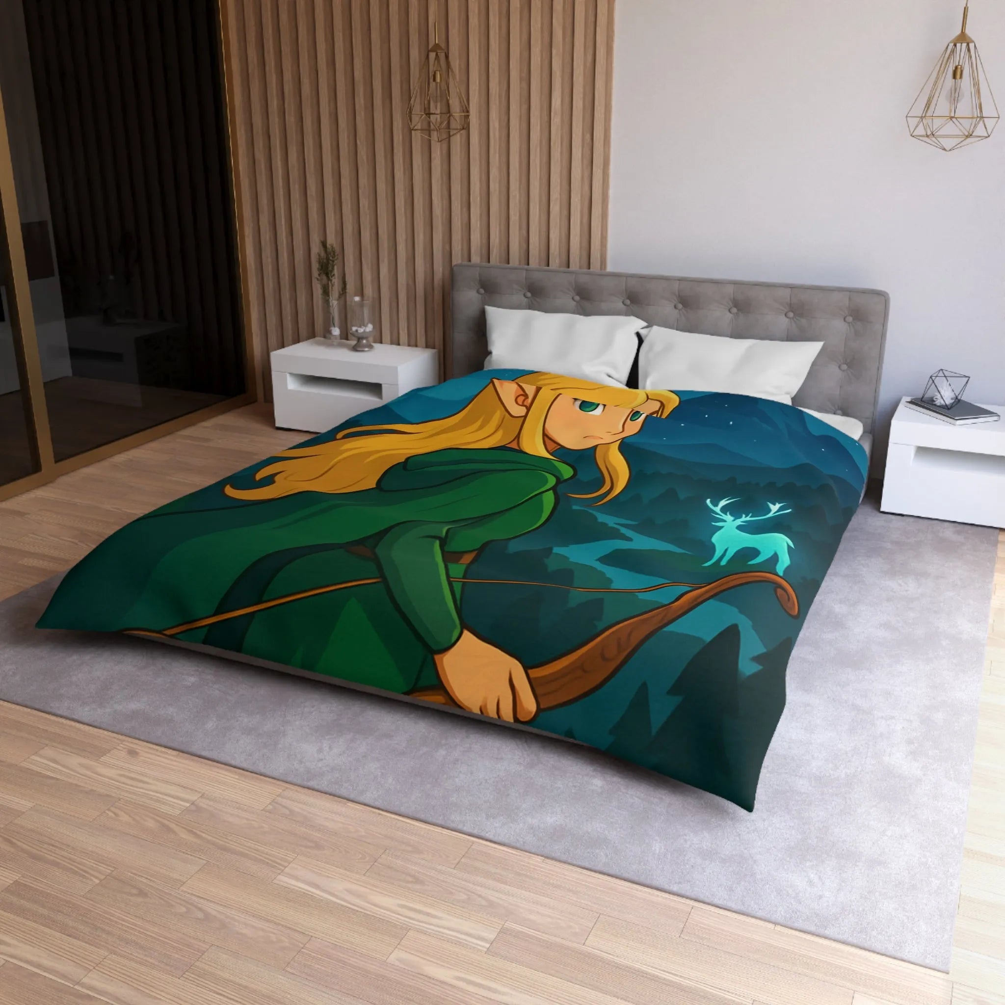Housse de couette avec elfe archère, cerf lumineux, forêt montagneuse et ciel étoilé