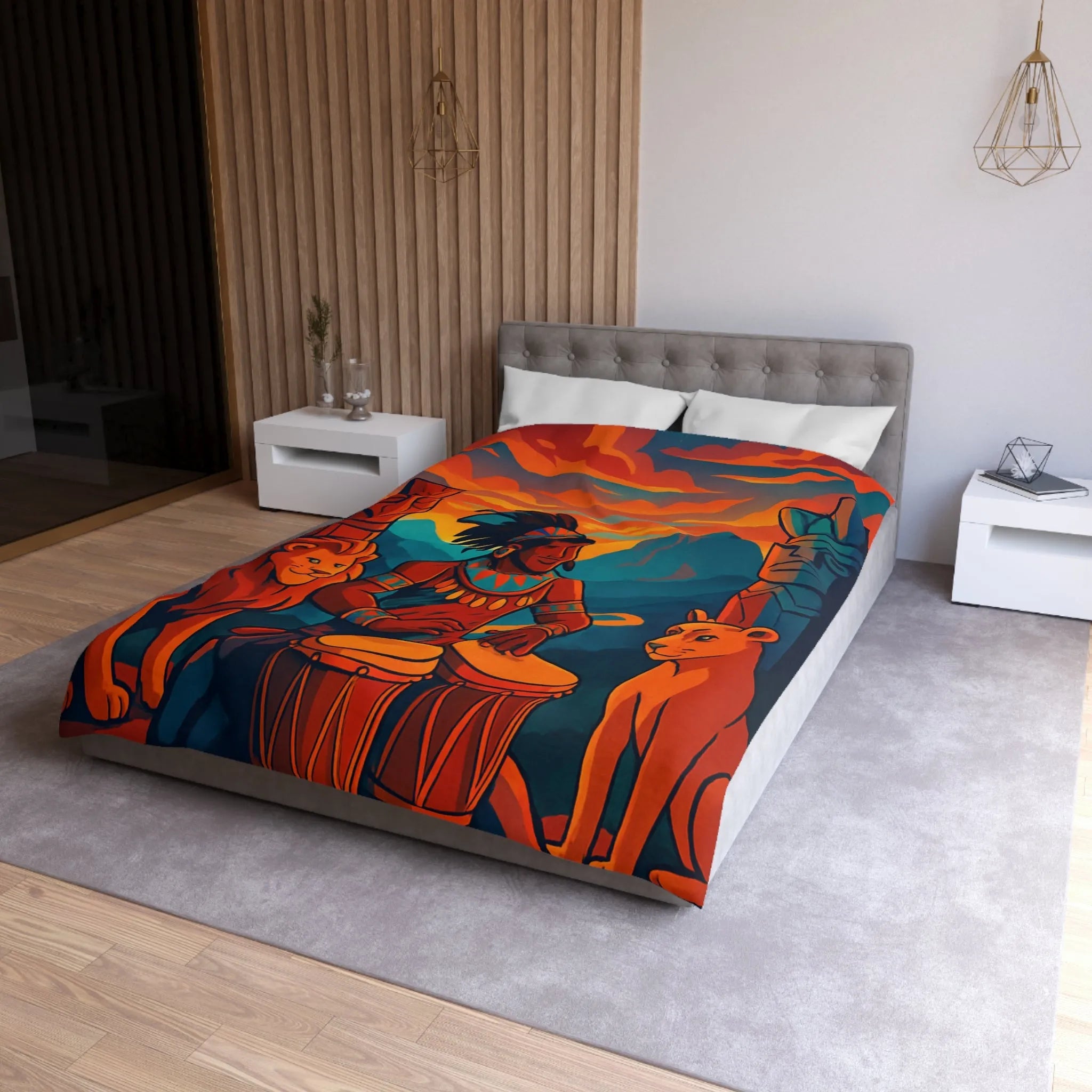 Housse de couette exotique avec musicien, tambours et totems en ambiance chaleureuse