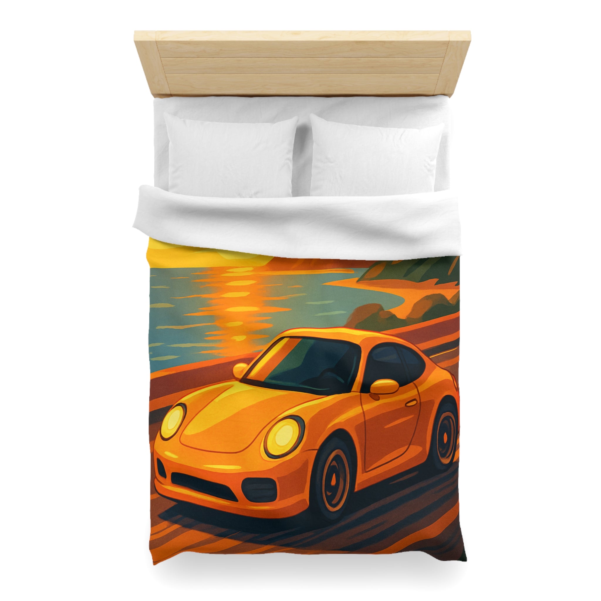 Housse de couette voiture sportive orange route côtière coucher de soleil paysage vibrant