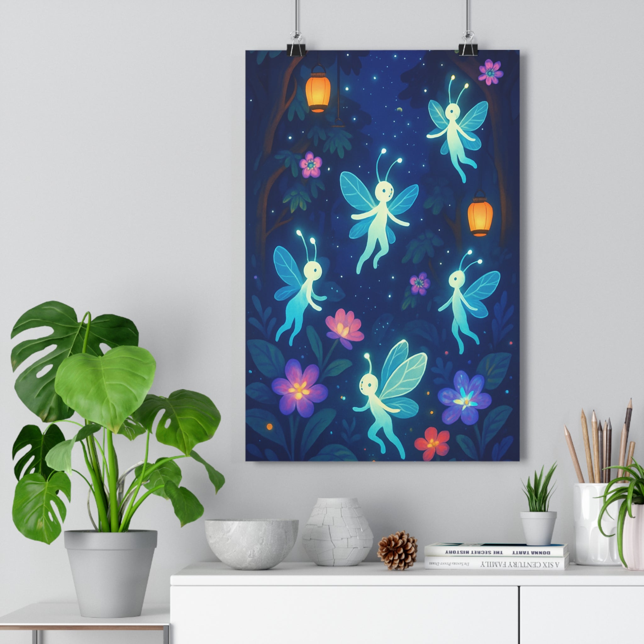 Poster décoratif féerique forêt magique lumineux bleu violet rose enfant apaisant ambiance rêveuse chambre