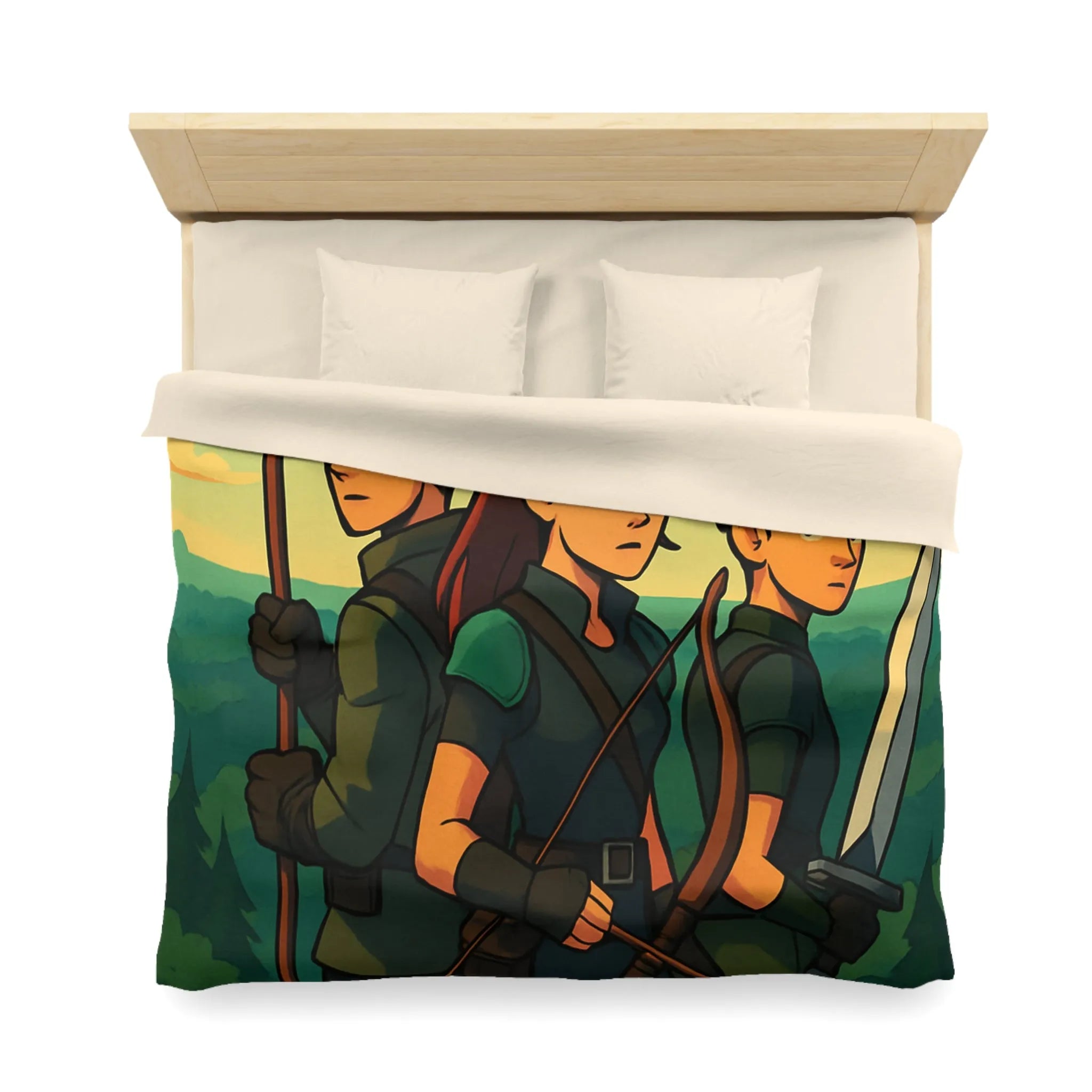 Housse de couette illustrée trois héros médiévaux arc épée forêt château aube