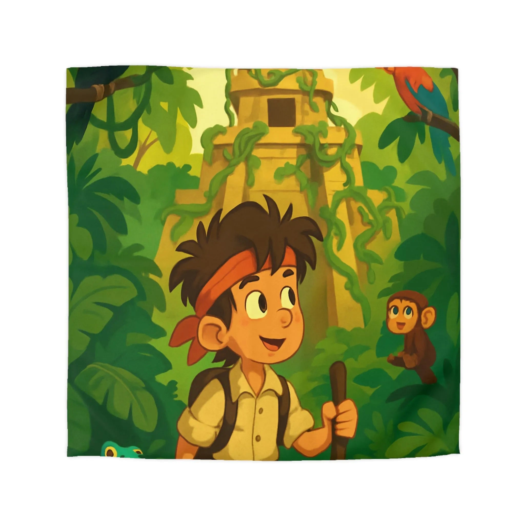 Housse de couette aventure jungle exotique pour chambre d'enfant avec animaux et temple