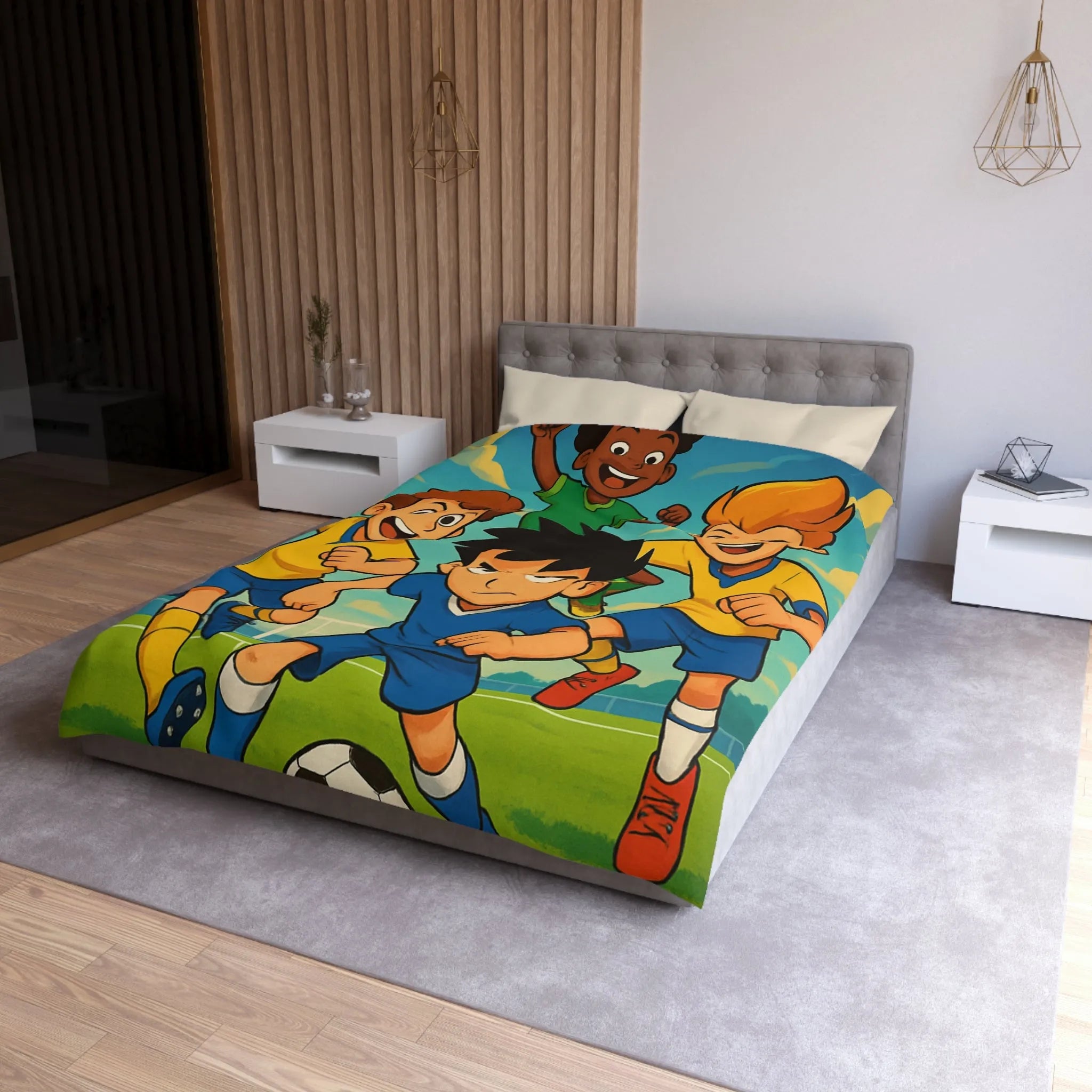 Housse de couette football enthousiaste pour enfants avec joueurs en action et ciel bleu