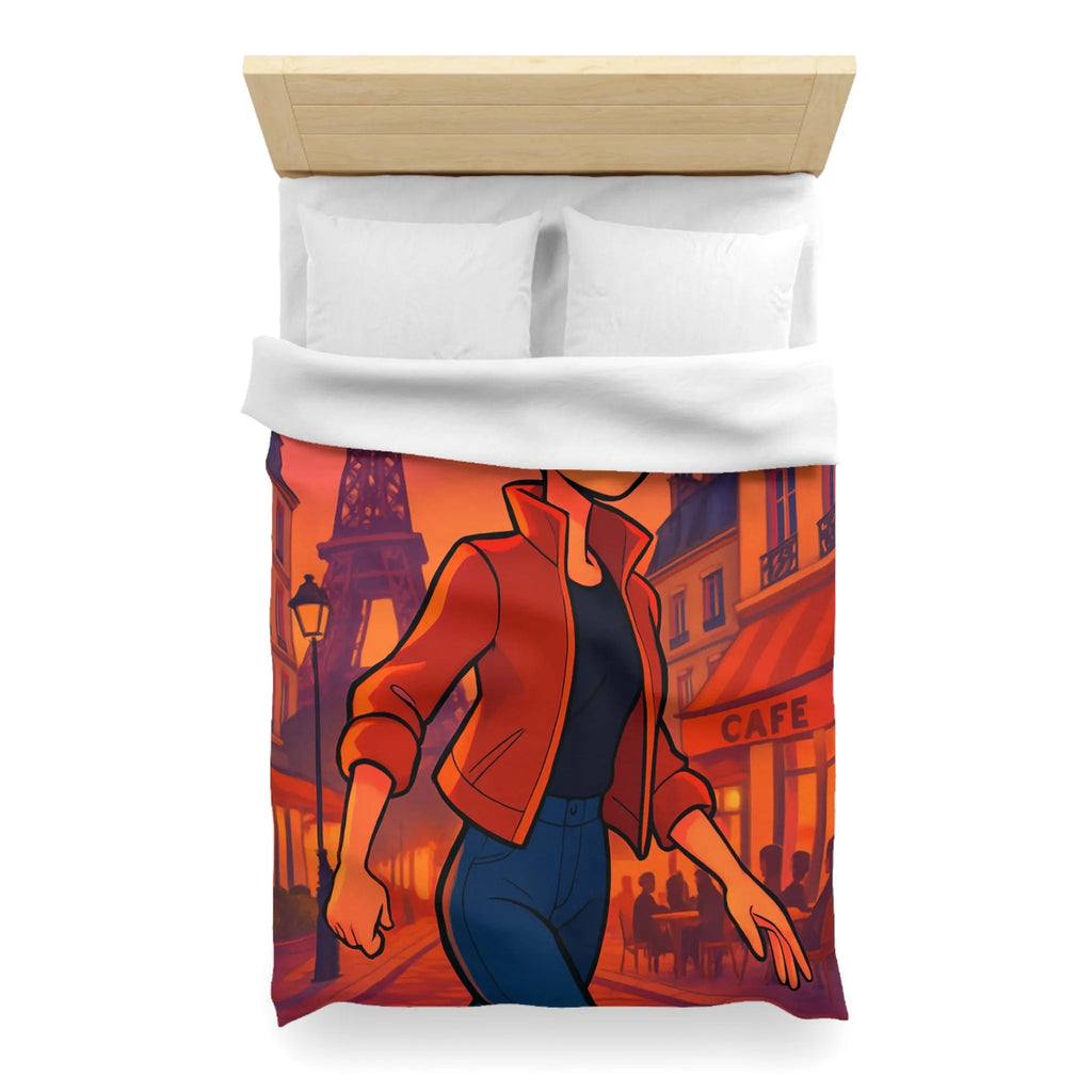 Housse de couette colorée avec illustration parisienne animée d'une silhouette joyeuse